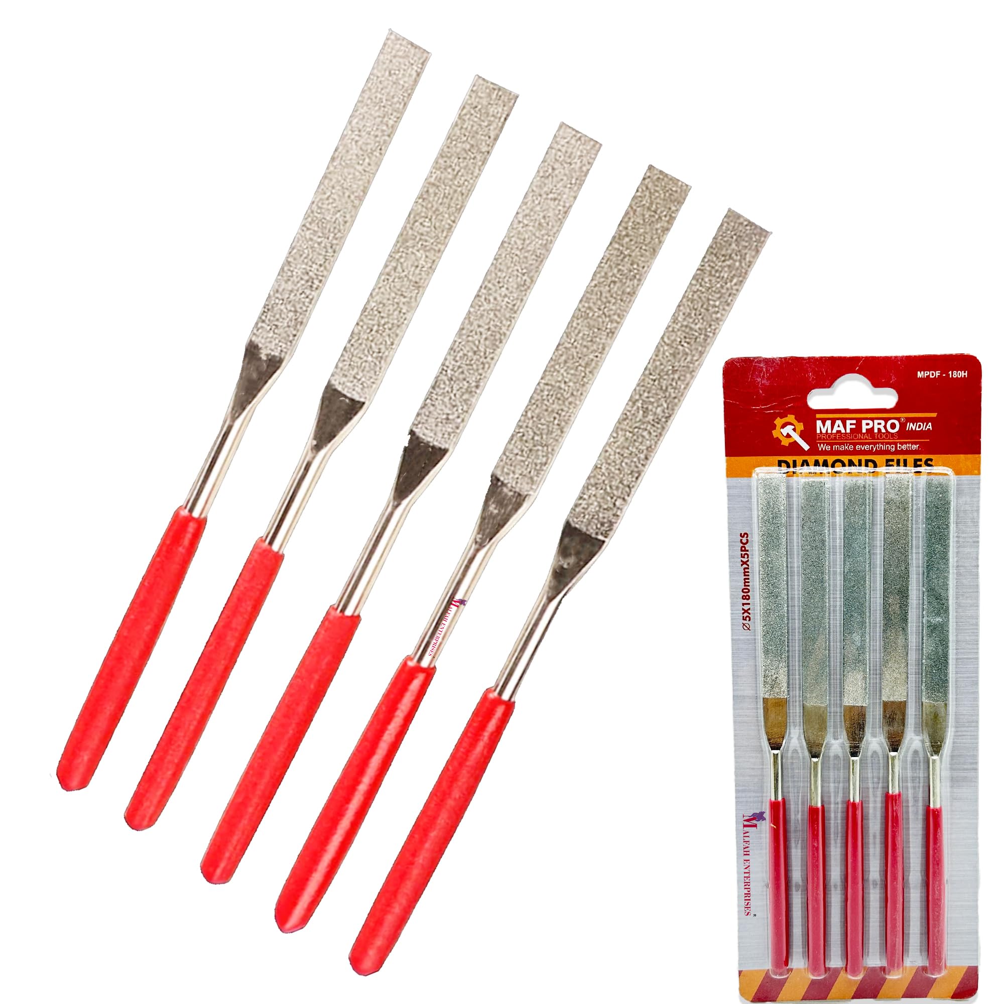 Malfah Diamond Needle Flat File Set Polishing Grinding Metal Ceramic Glass Gem Stone Jewelry Art and Craft Work HandTool Set Maf (MPDF-180H 5X180MM 5 PCS)