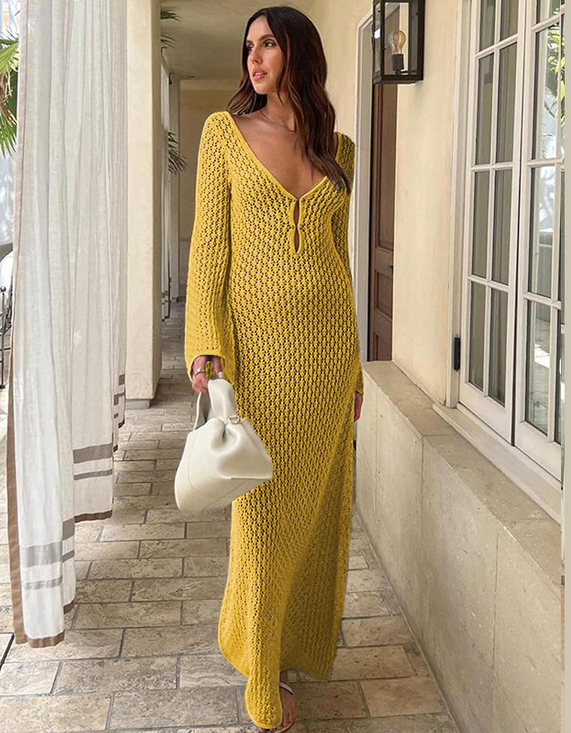 Leoparts Crochet Swimsuit Cover Up for Women Sexy V Neck Hollow Out Backless Maxi Dress Beach Bikini Coverup Dresses - Image 3