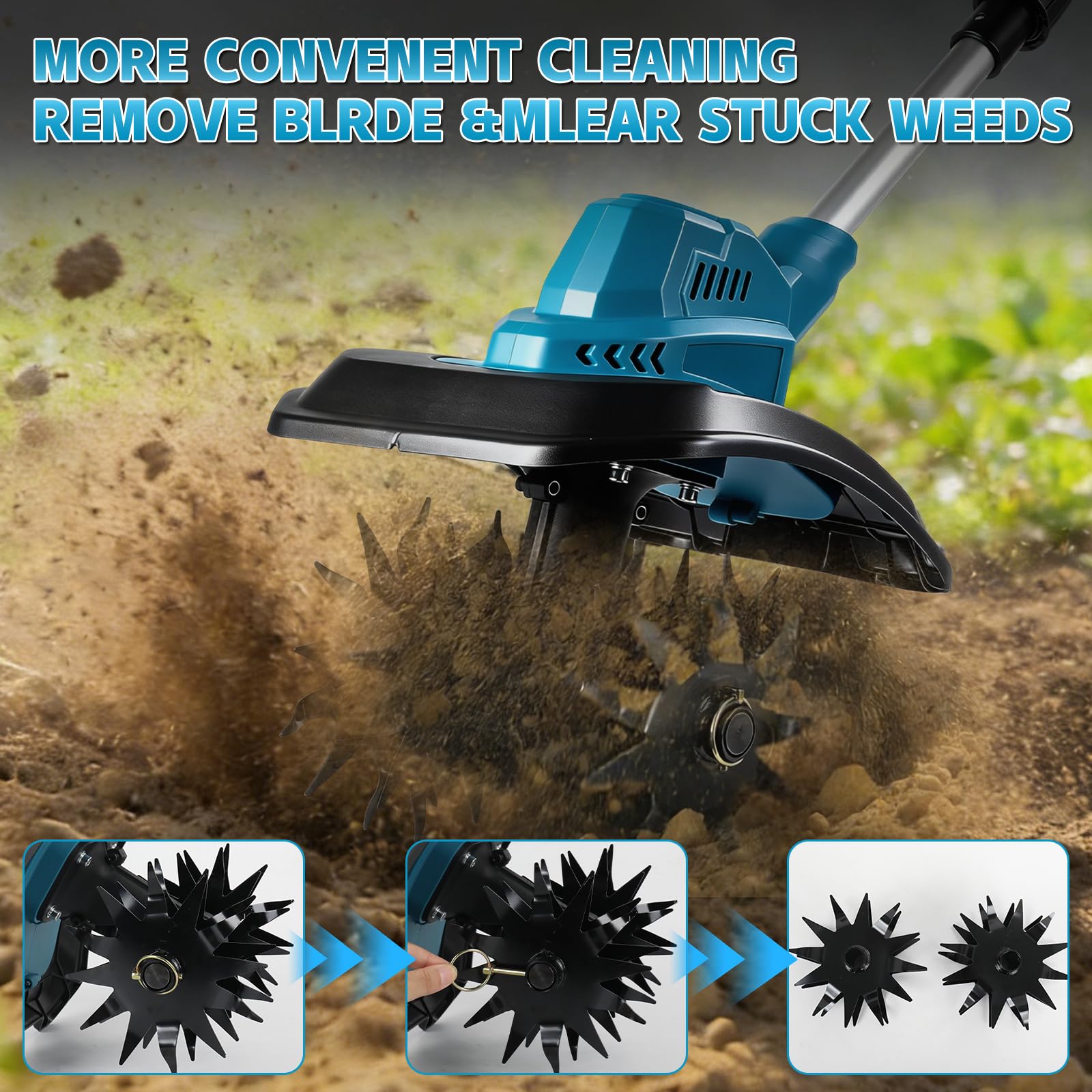 Motoazada Electrica Compatible con Makita 18V Batería, Motocultor Baterías inalámbrico, Ancho de Trabajo de 20 cm, de Trabajo 15 cm, Mango Plegable, Motocultor para Jardín Huerto Césped (sin batería)