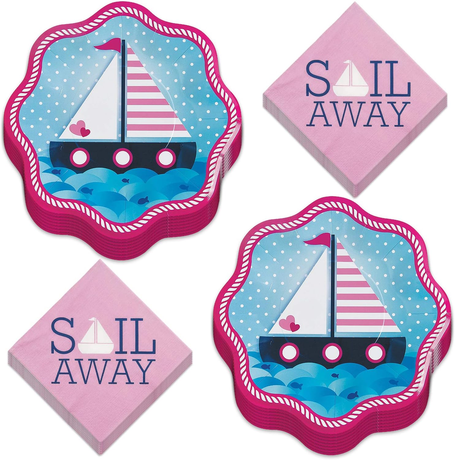 Live It Up! Party Supplies Nautical Girl Pink and Navy Paper Dinner Plates and Sail Away Luncheon Napkins (Serves 16)