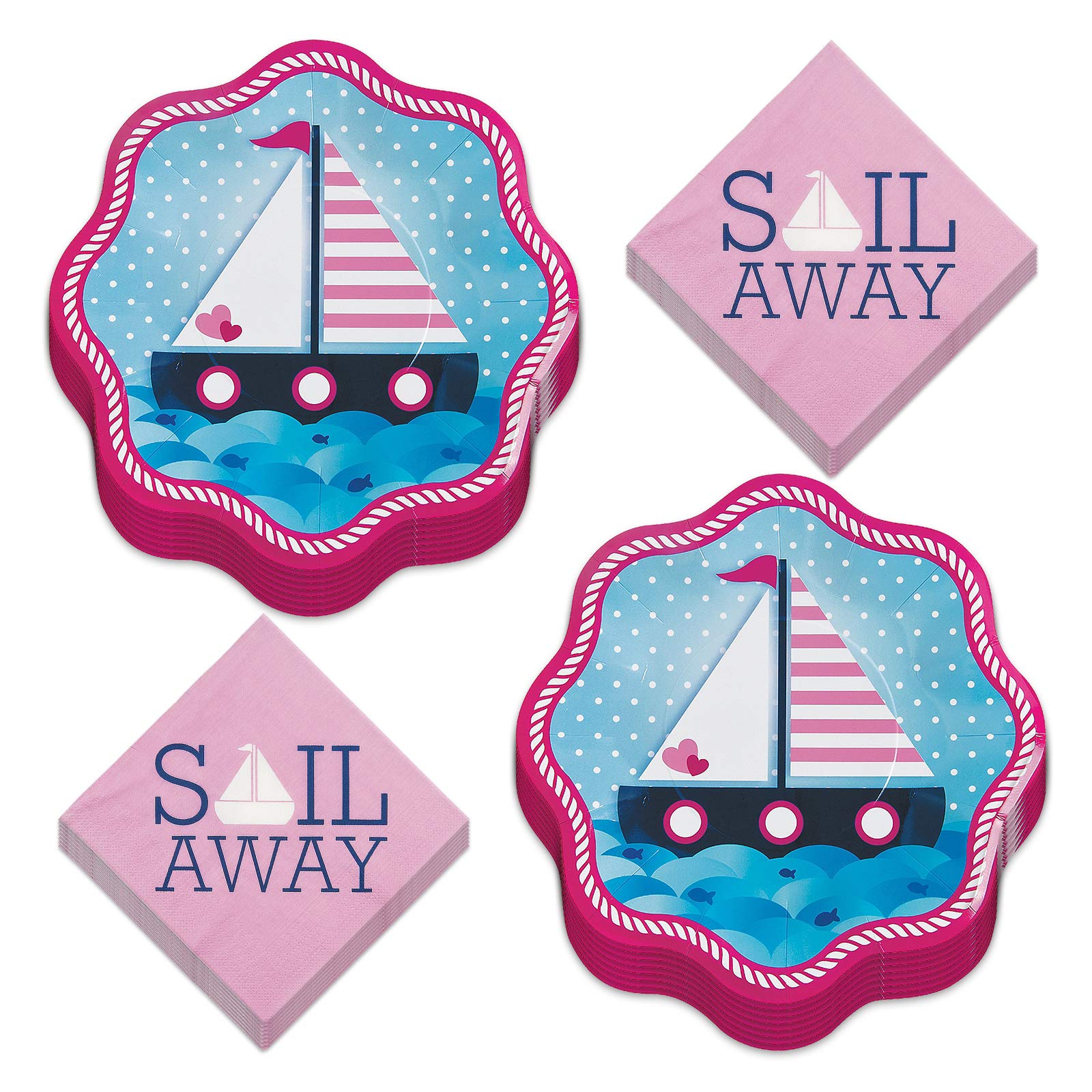 Live It Up! Party Supplies Nautical Girl Pink and Navy Paper Dinner Plates and Sail Away Luncheon Napkins (Serves 16)