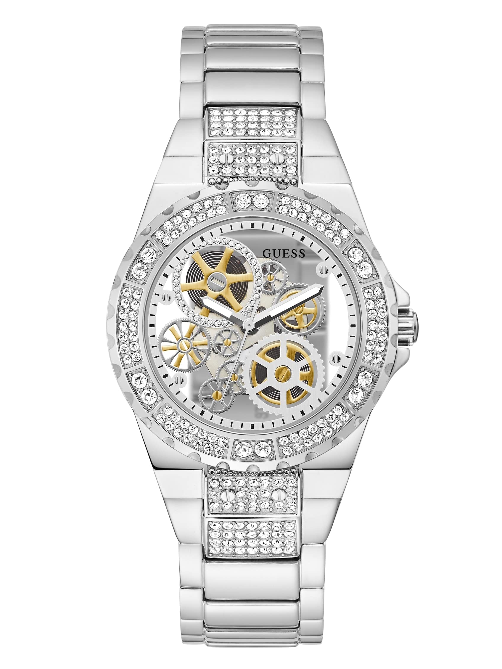 GUESS Orologio da donna trend, taglio trasparente, 39 mm, quadrante brillante con cassa e cinturino in acciaio inossidabile viola iridescente