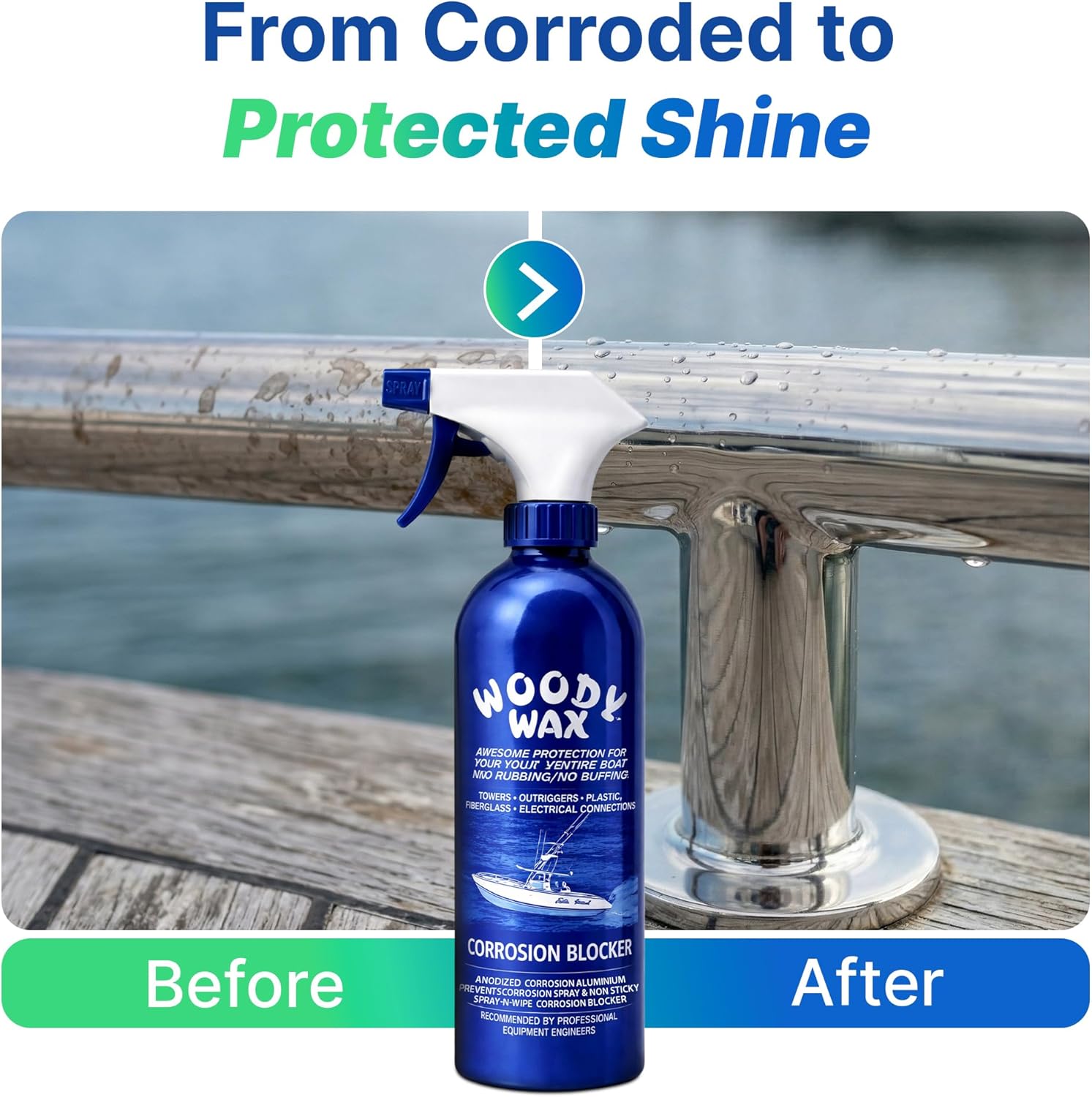 Woody Wax Tower Treatment System, Professional Metal Restorer & Corrosion Blocker for Aluminum, Steel & Chrome, Outrigger Protection Spray Restores Pitted Metal, Protects T-Tops, Electronics, 16oz