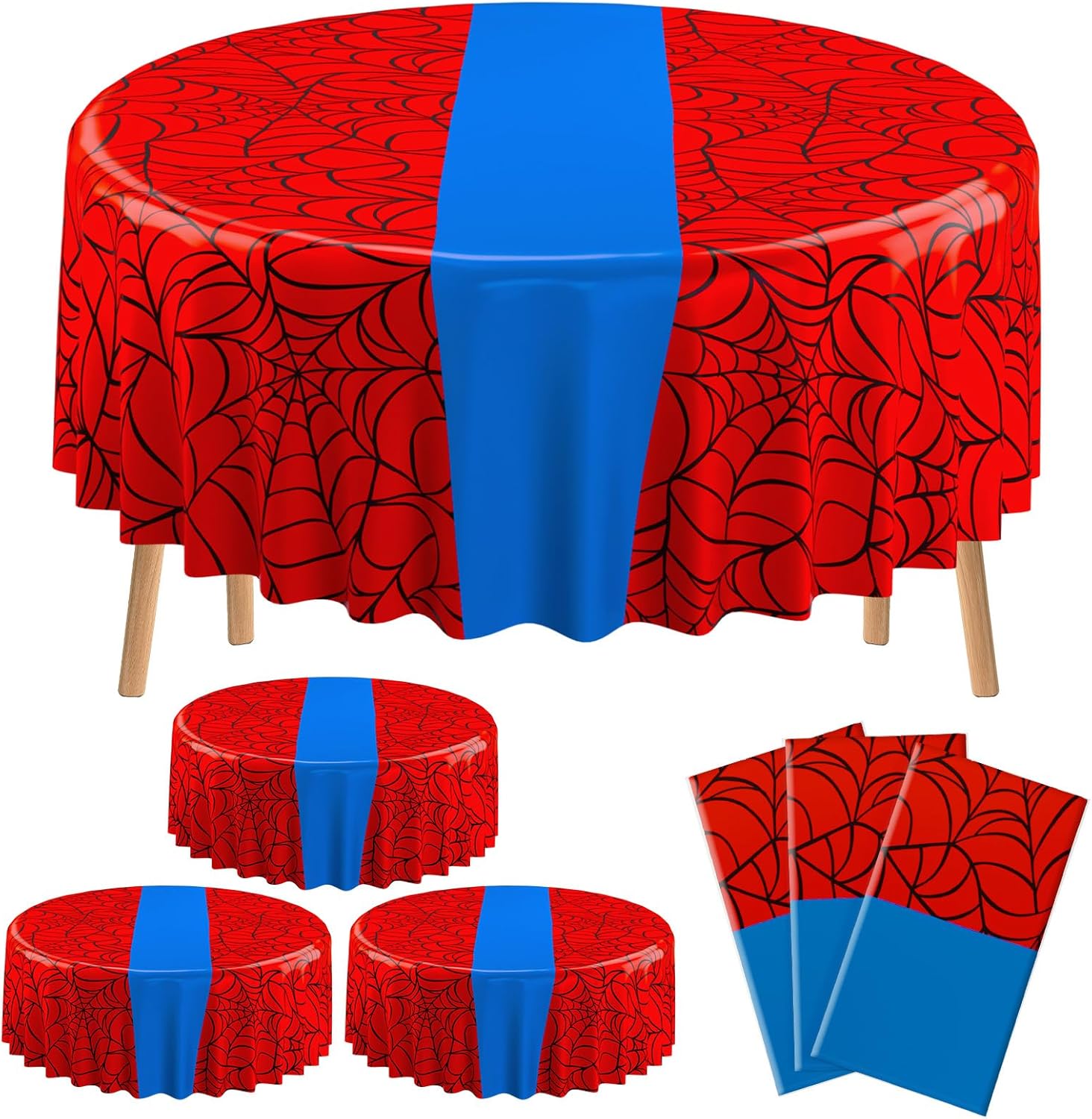 Preboun 6 Pcs Spider Birthday Party Tablecloth 84 Inch Plastic Disposable Hero Table Cover Large Red and Blue Round Tablecloth for Birthday Party Decorations Supplies(Classic)