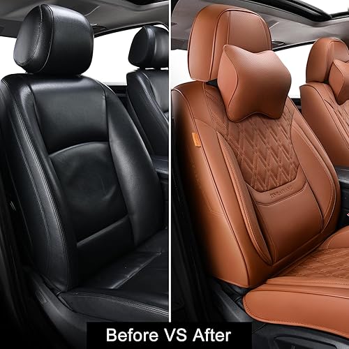 Miniatura 5 de TINRAIYANG Fundas de asiento delantero de automóvil, par de fundas de asiento delantero de cuero transpirable con reposacabezas, funda universal de