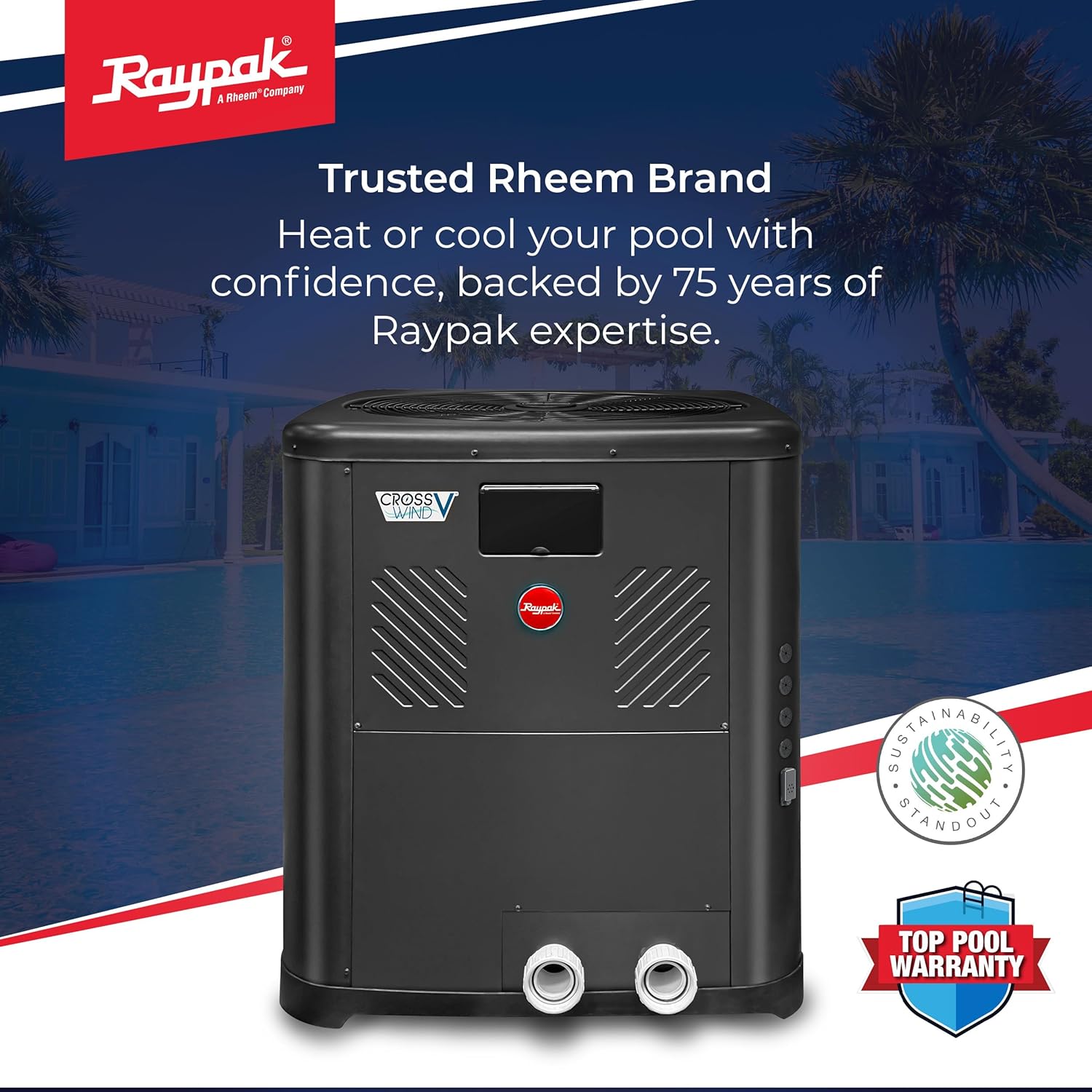 Raypak Crosswind V Pool Heat Pump - Spa and Pool Heater with Free Wi-Fi for Fleet Monitoring, Hybrid Heating for Above Ground and In-Ground Pools