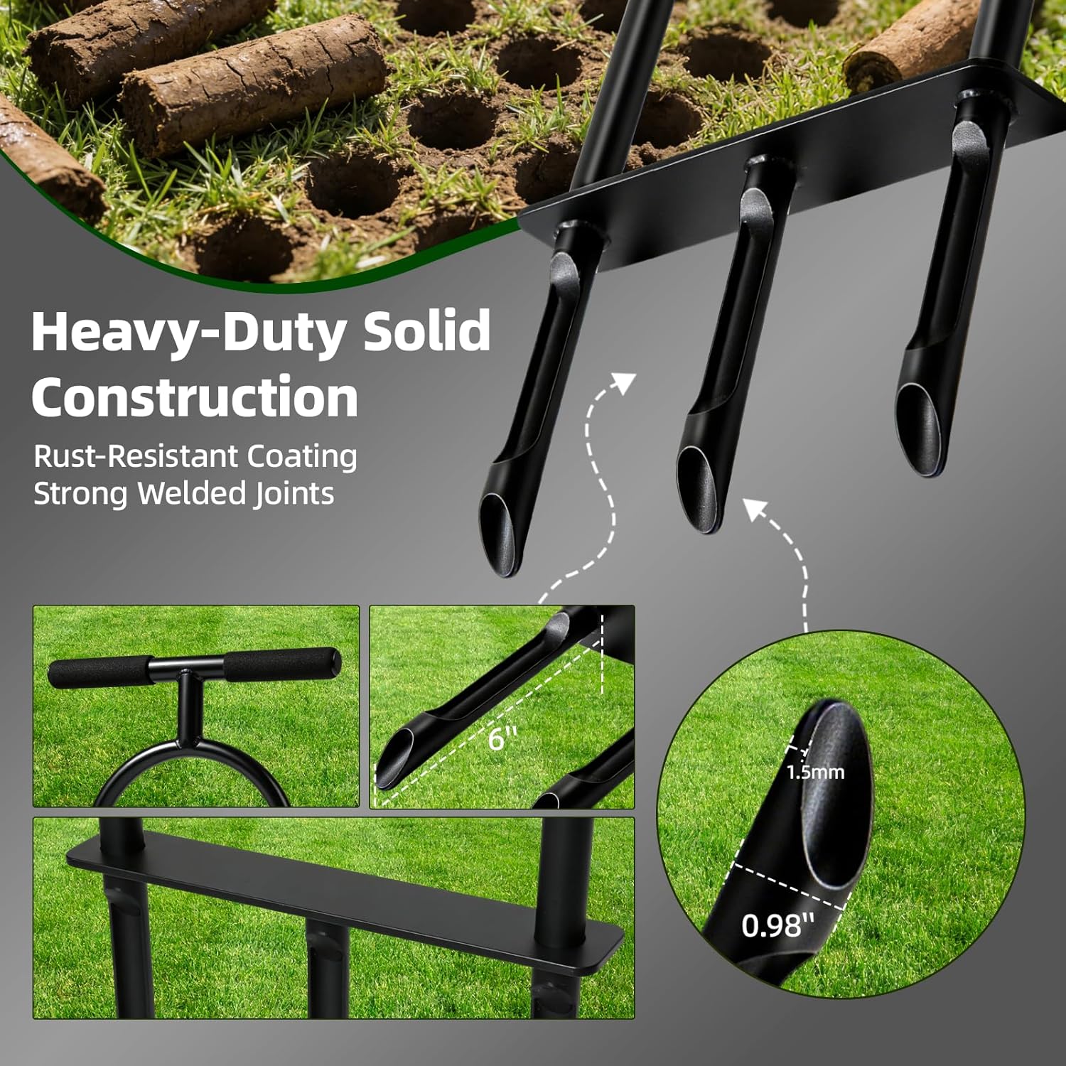 Amorest Manual Lawn Core Aerator – 3 Heavy-Duty Coring Plugs for Compacted Soil, Ergonomic T-Handle & Foot Plate, Rust-Resistant Iron Yard Aerator Tool for Garden and Lawn Care, Easy 5-Min Assembly