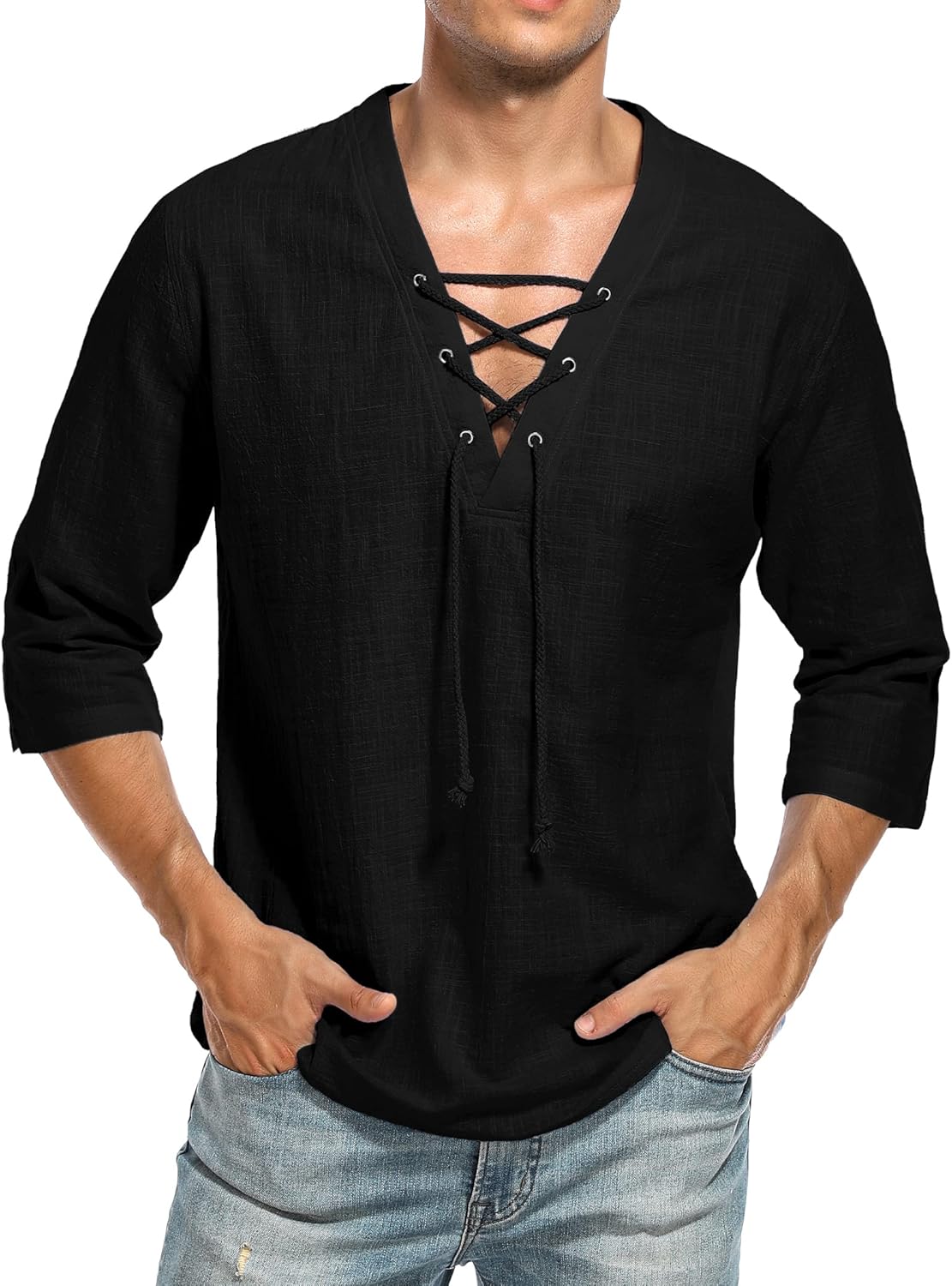 LecGee Men's Casual Cotton Linen Shirt Short Sleeve V Neck Lace Up Hippie Beach Tee Shirts Yoga Summer Top