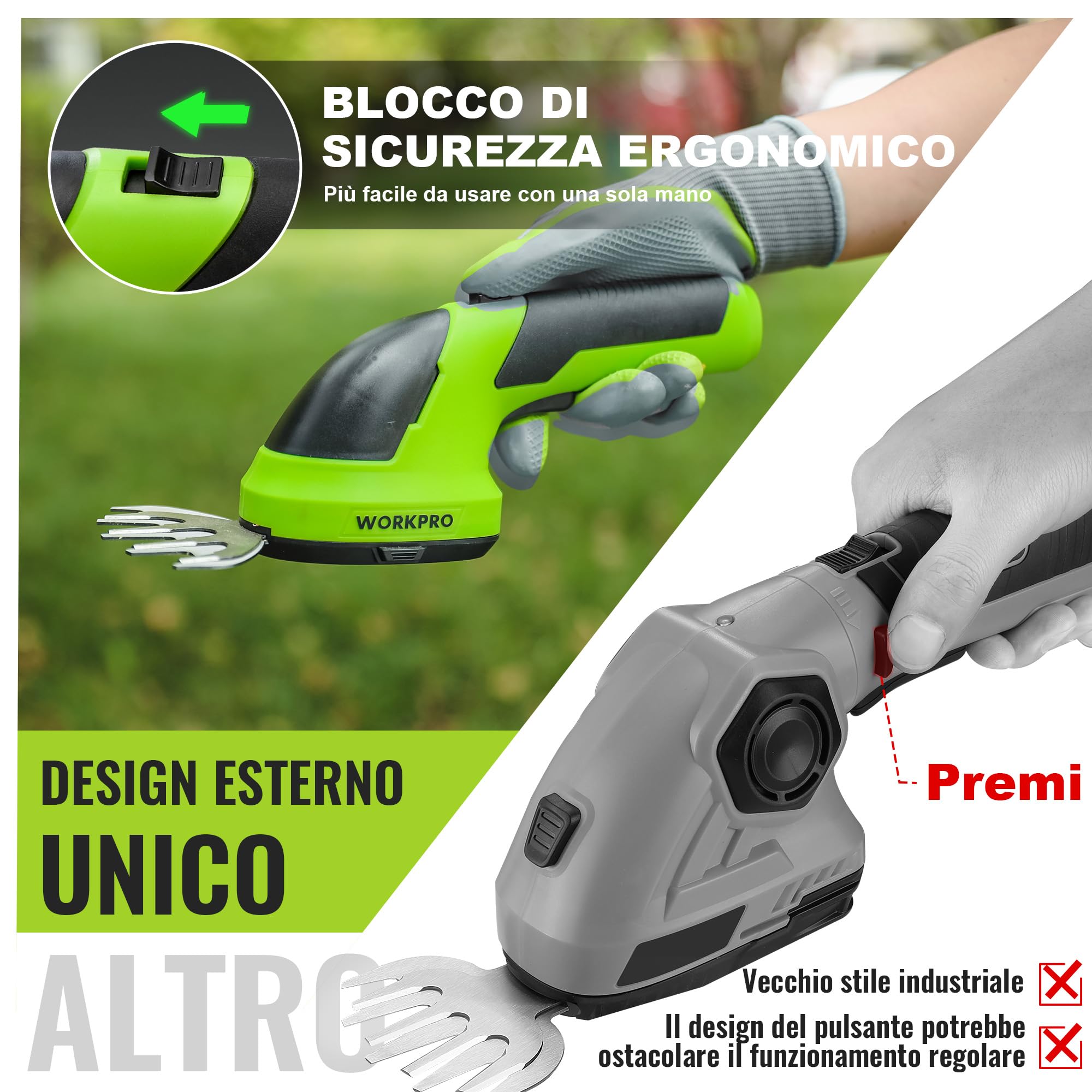 WORKPRO Forbici a Batteria 2 in 1, Cesoia Elettrica a Batteria al Litio 7,2V 2Ah, Larghezza di Taglio 100mm, Lunghezza di Taglio 150mm, Adatto al Giardino (Verde)