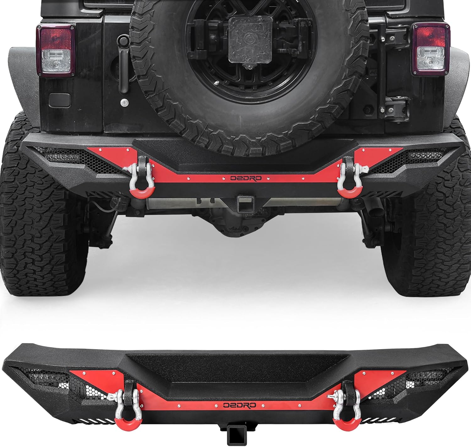 OEDRO Rear Bumper Compatible with 2007-2018 Jeep Wrangler JK & JKU Unlimited, Full Width Back Bumper w/ 2x LED Lights & 2x D-Rings & Hitch Receiver & Paintable Armor