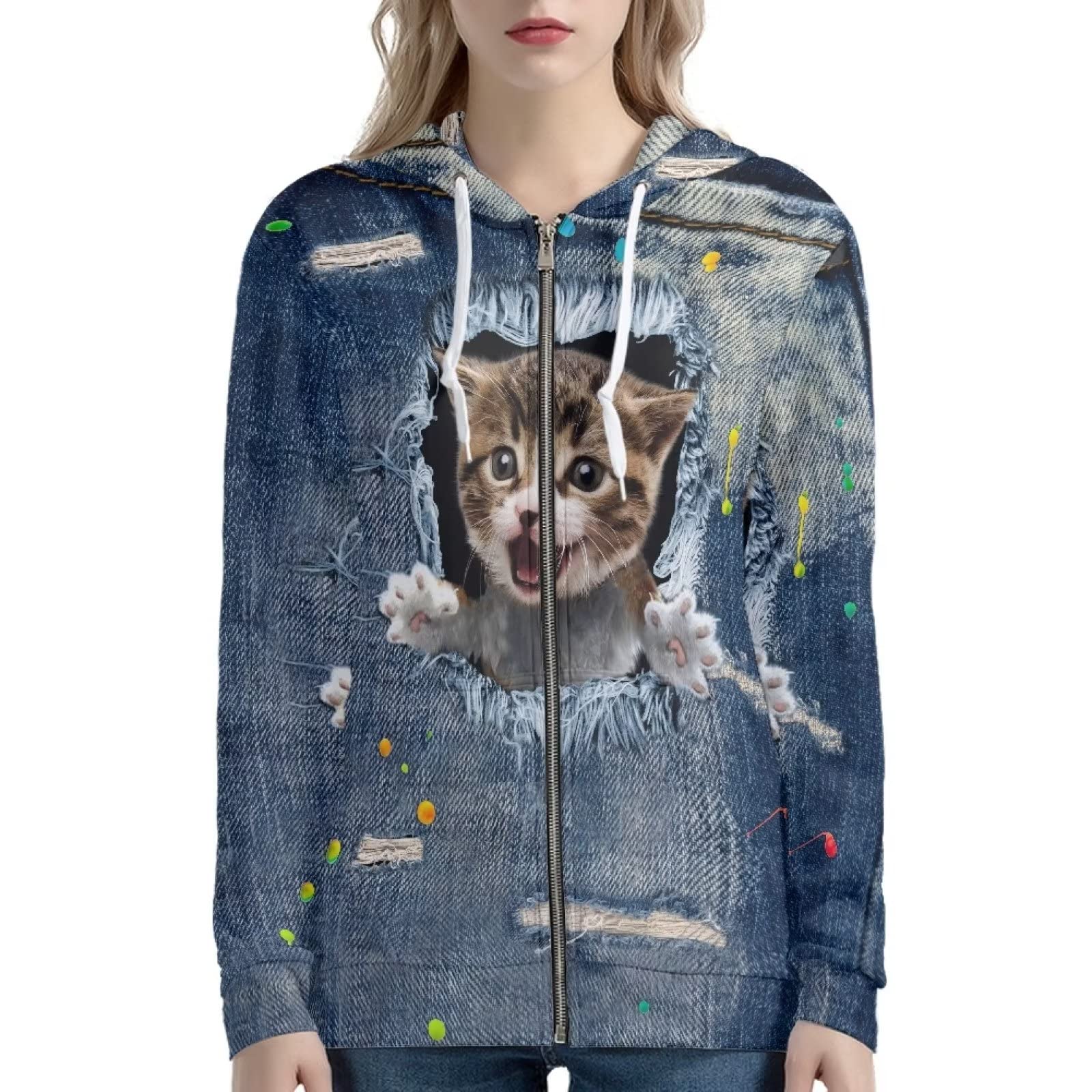 Bluza z zamkiem błyskawicznym z kieszenią na co dzień bluzy ze sznurkiem dla kobiet, bluzy z długim rękawem rozmiar XS-5XL, Kociak dżinsowy, XXL