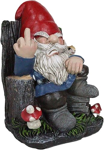 Ebros Gift Rude Mean Garden Greeter Go Away! Sr. Gnomo enano con ardilla en troncos de árbol silla volteando el pájaro medio dedo figura como