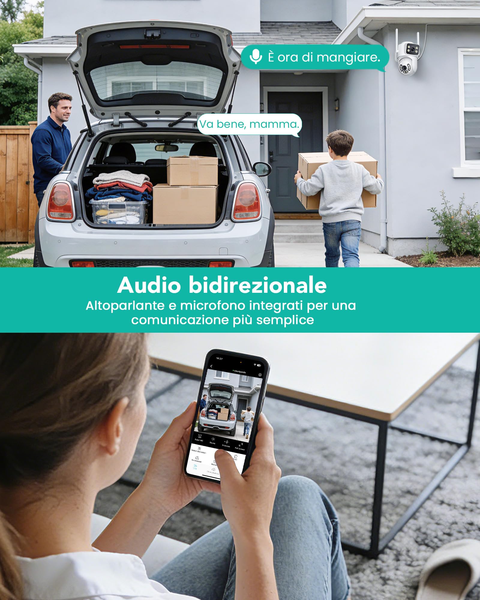 ANBIUX 2K Telecamera Wi-Fi Esterno | con Doppio Obiettivo,Supporta WiFi 2,4/5 GHz, tracciamento automatico PTZ a 360°,Visione Notturna,Audio Bidirezionale,2m Cavo