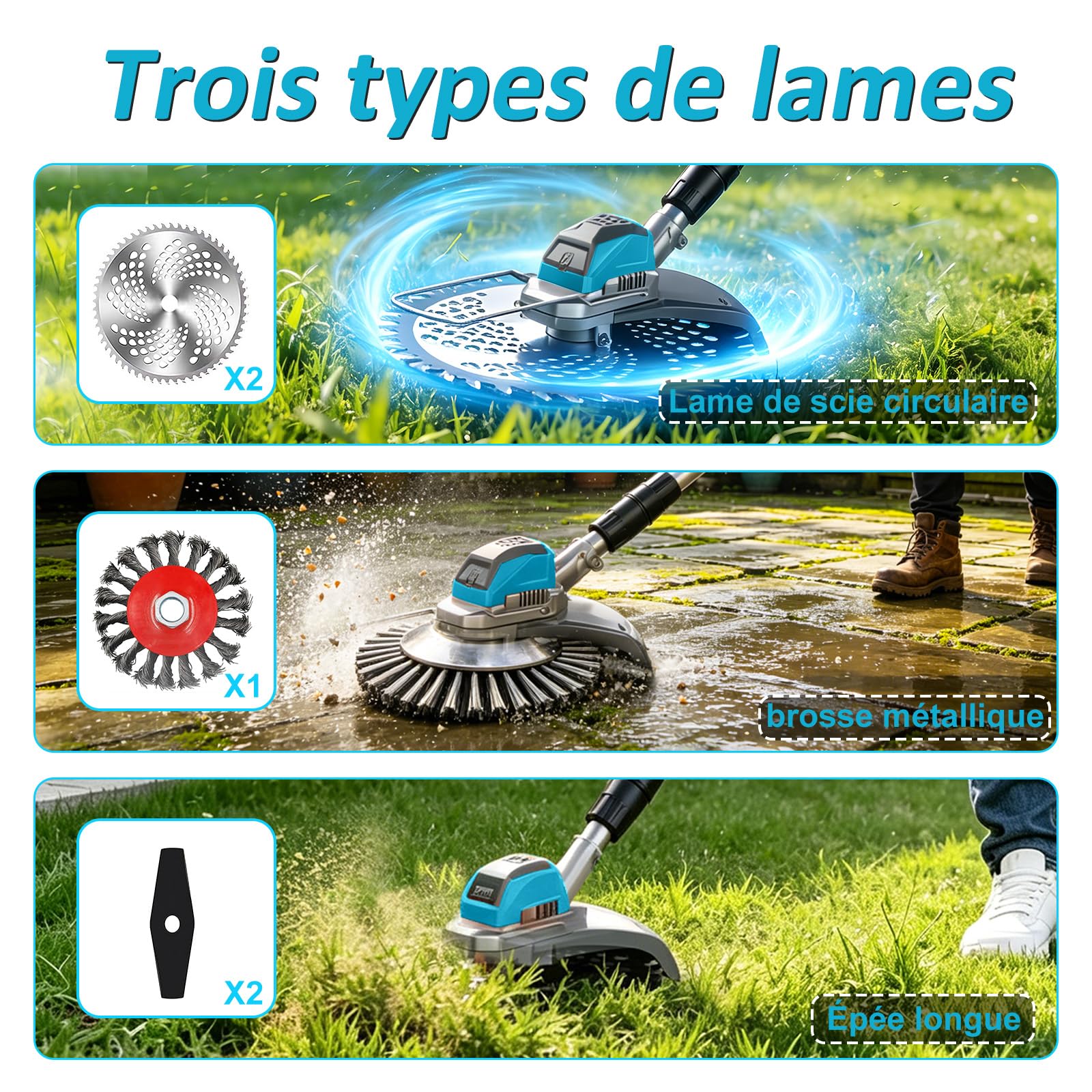 Debroussailleuse Electrique sans Fil 1300W avec écran LCD, Coupe Bordure avec 2 Batteries 4.0 Ah, Diamètre de Coupe : 25 cm, Poignée Réglable, Tige Pliable 3 en 1, pour Jardin Élagage (Bleu)