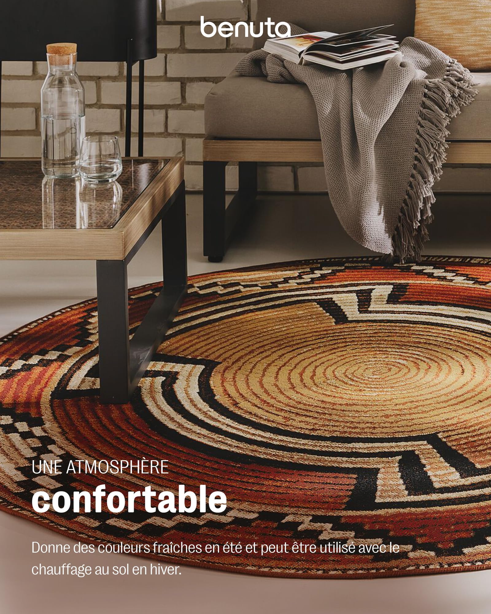 benuta Tapis d'intérieur et d'extérieur ARTIS Beige/cuivre Rond Ø 160 cm – Tapis coloré pour l'intérieur et l'extérieur – Convient au Chauffage au Sol