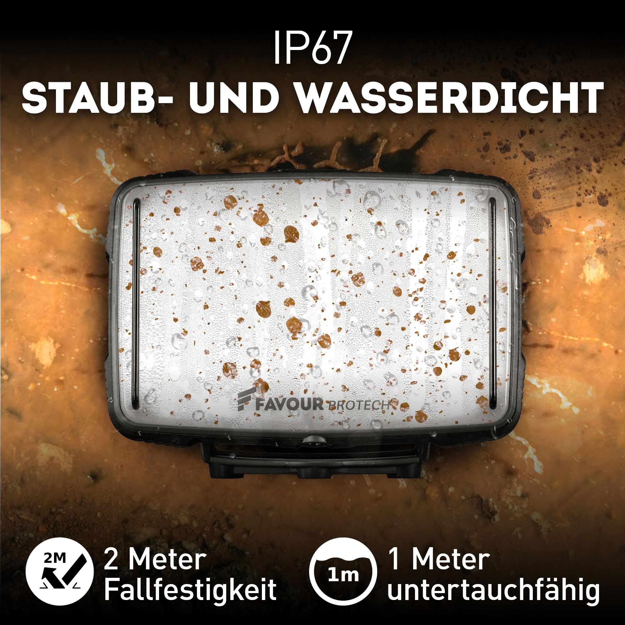 Akku Baustrahler LED, 1600 Lumen magnetisch – USB wiederaufladbare Arbeitsleuchte IP67 wasserdicht – Robuster LED Strahler Akku für Baustelle & Werkstatt – Favour
