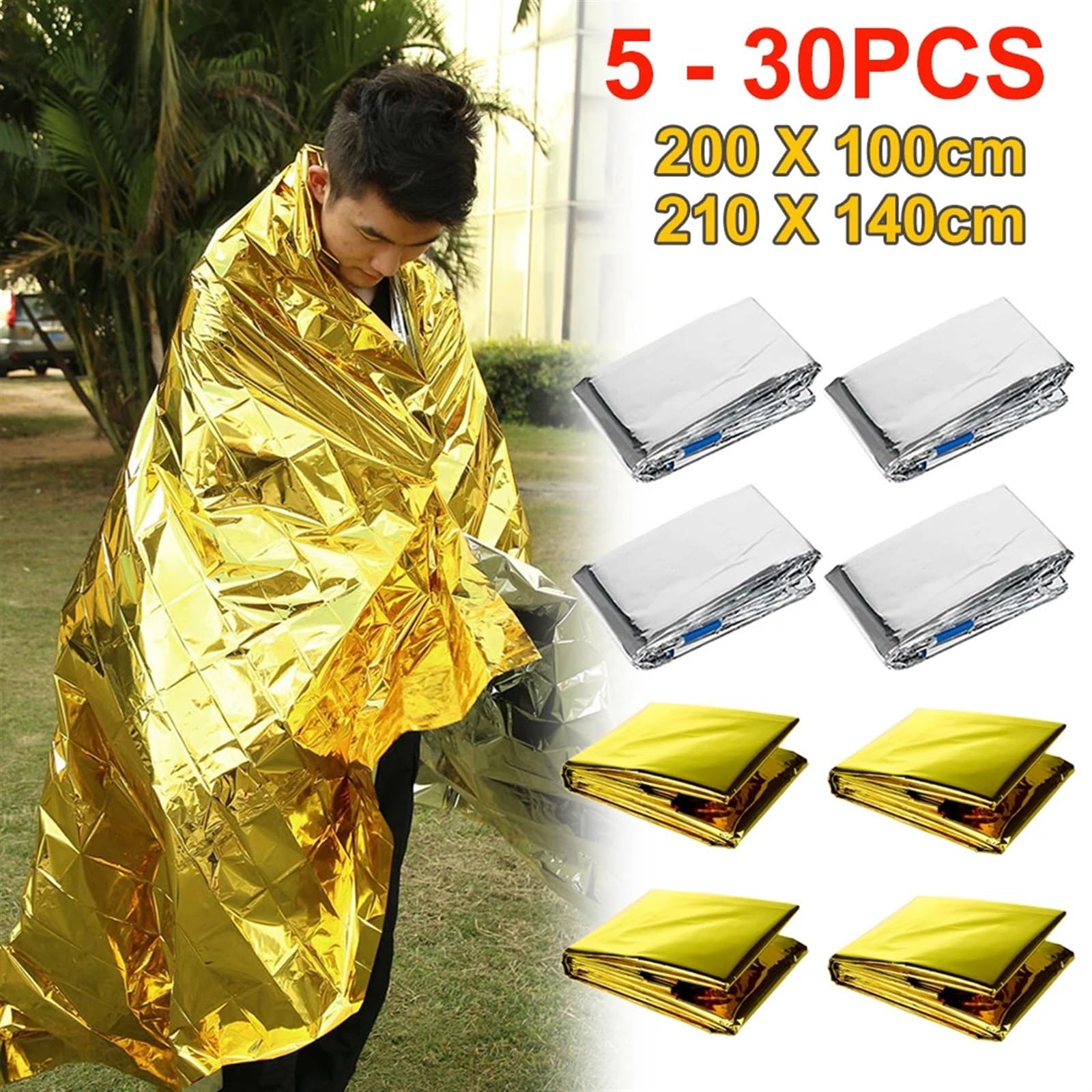Kit de Primeros Auxilios de Rescate a Baja Temperatura for Exteriores, Manta Aislante, Saco de Dormir, Estera Salvavidas con película de poliéster for Mantener el Campamento(Blanket 30PCS)