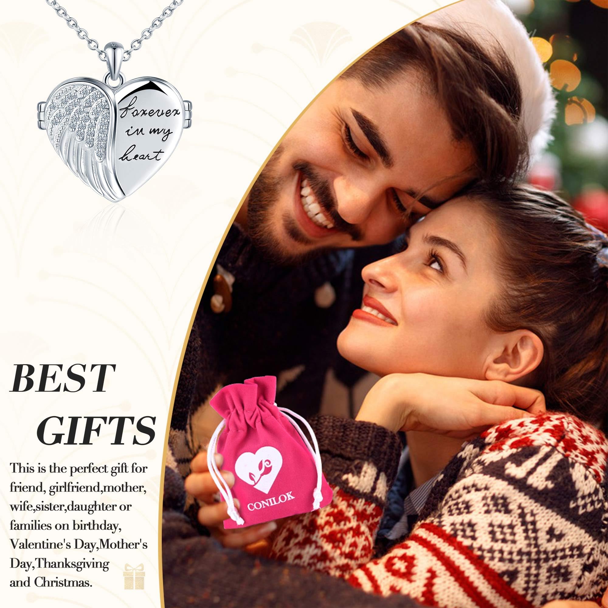Collana Foto Ciondolo Cuore Argento 925 Medaglione Portafoto Personalizzabile con Ali di Zirconio e Testo Inciso