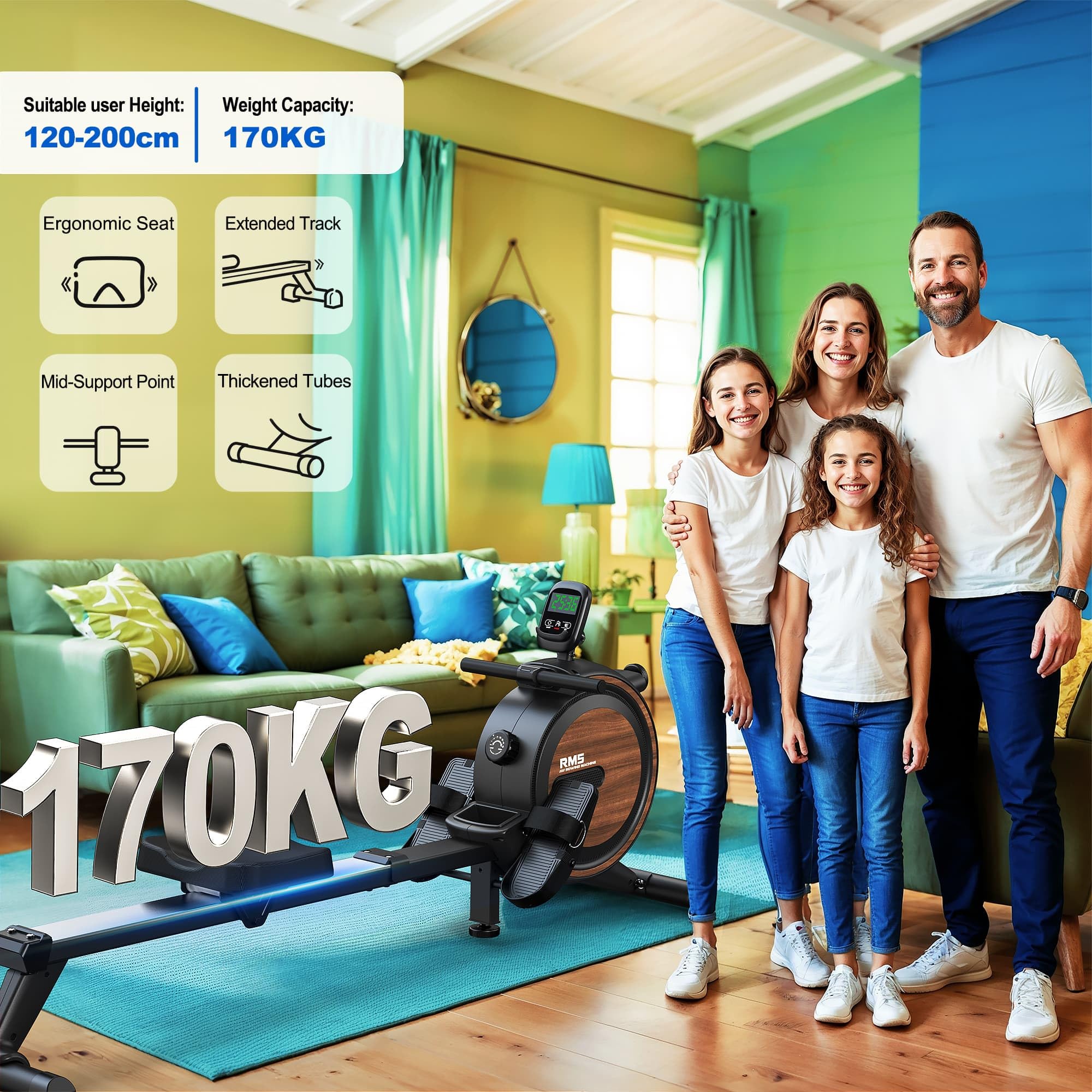 Vogatore per casa con resistenza magnetica regolabile, vogatori con computer di bordo Bluetooth, portata 170 kg