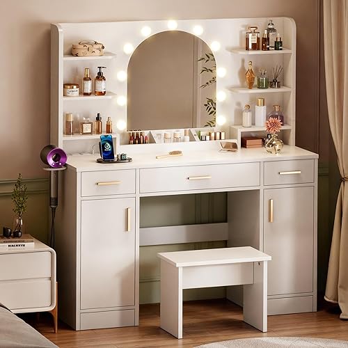 Vista 8 de Escritorio de tocador con espejo y 11 luces LED, mesa de tocador de maquillaje de 43 pulgadas con toma de corriente y silla, tocador con 3 cajones