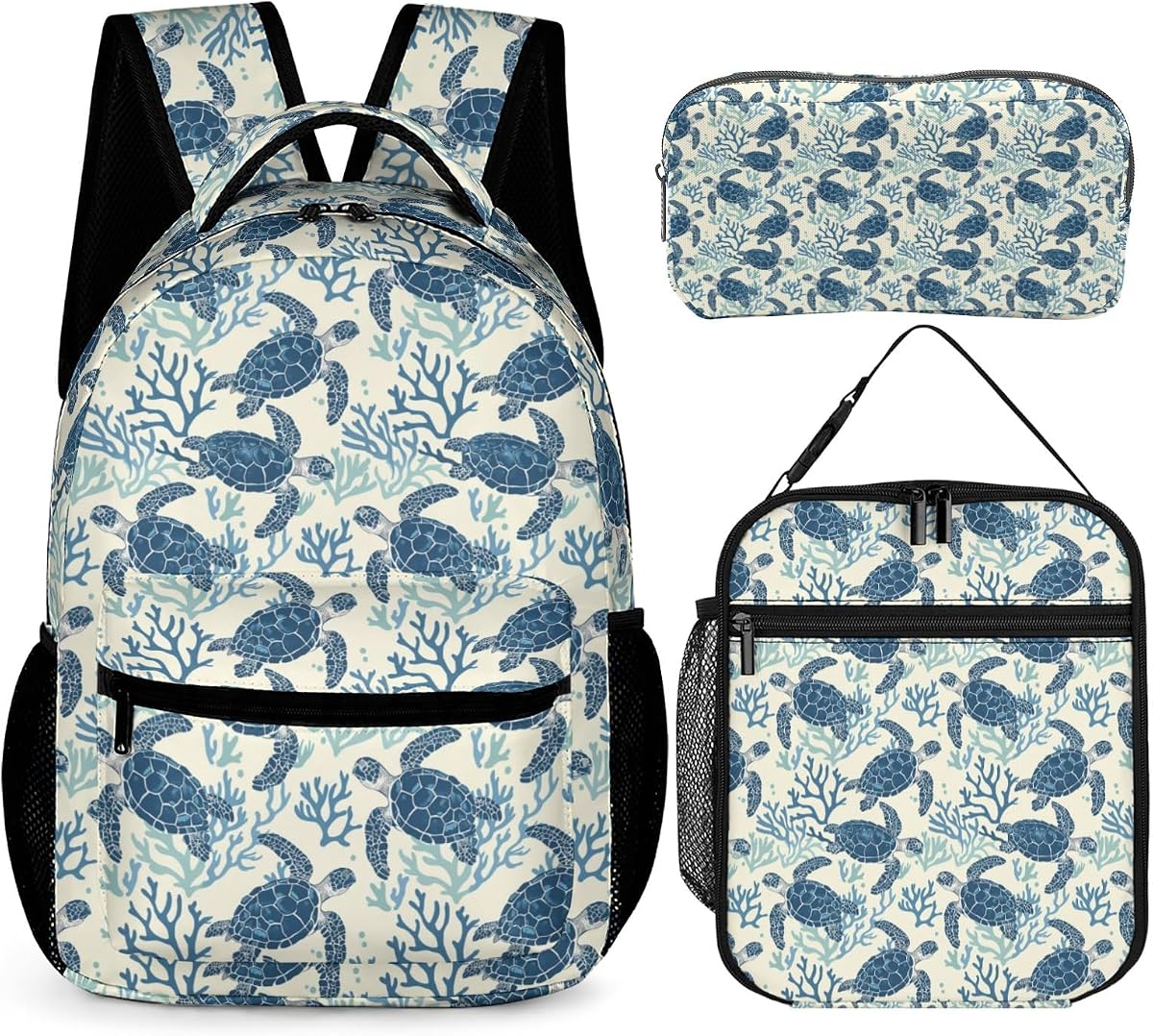 Linda mochila escolar de tortuga marina con lonchera y estuche para lápices | Mochila con temática de tortuga marina de 3 uds, ligera, de gran capacidad de 16 pulgadas, mochilas coloridas con bolsillos con cremallera, correas ajustables