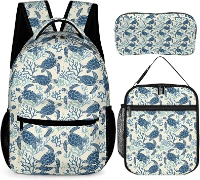 Cute Sea Turtle School Backpack with Lunch Box & Pencil Case