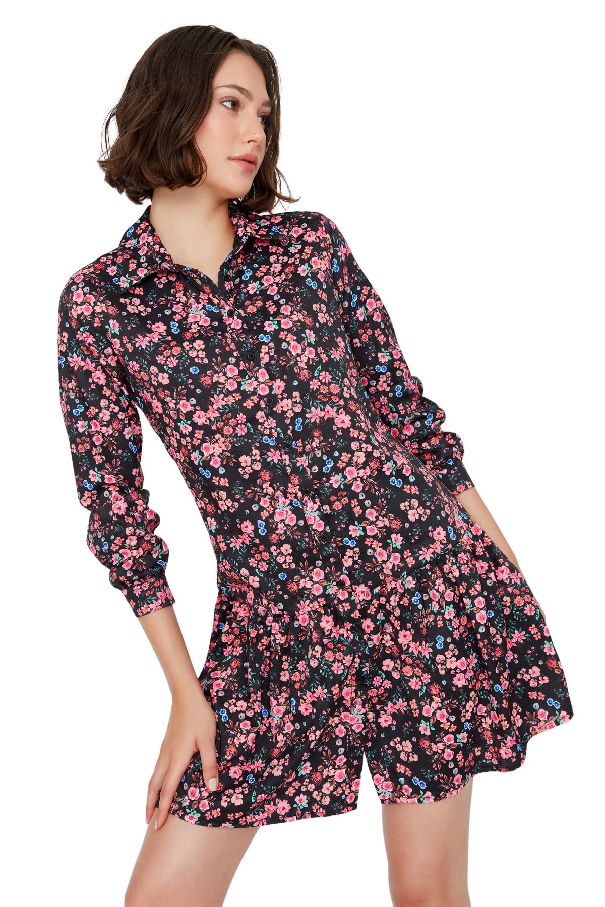 TRENDYOL Women's Mini Skater V-Neck Woven Dress