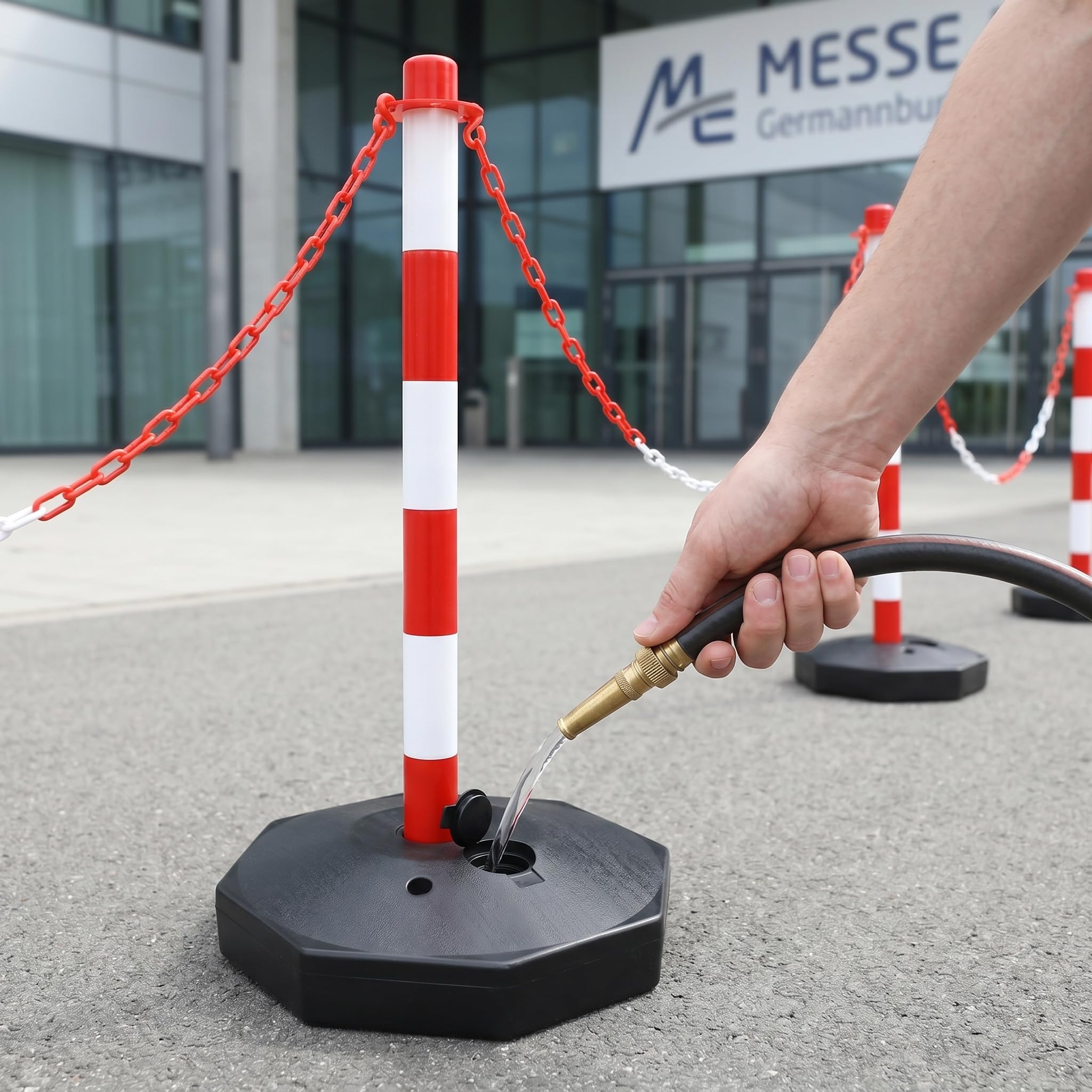 XMTECH Słupki odgradzające z łańcuchem – 4 sztuki słupków z podstawką, łańcuch z tworzywa sztucznego, 4 x 1,4 m, mobilny stojak łańcuchowy, blokada parkingu, placu budowy i bezpieczeństwa, czerwony