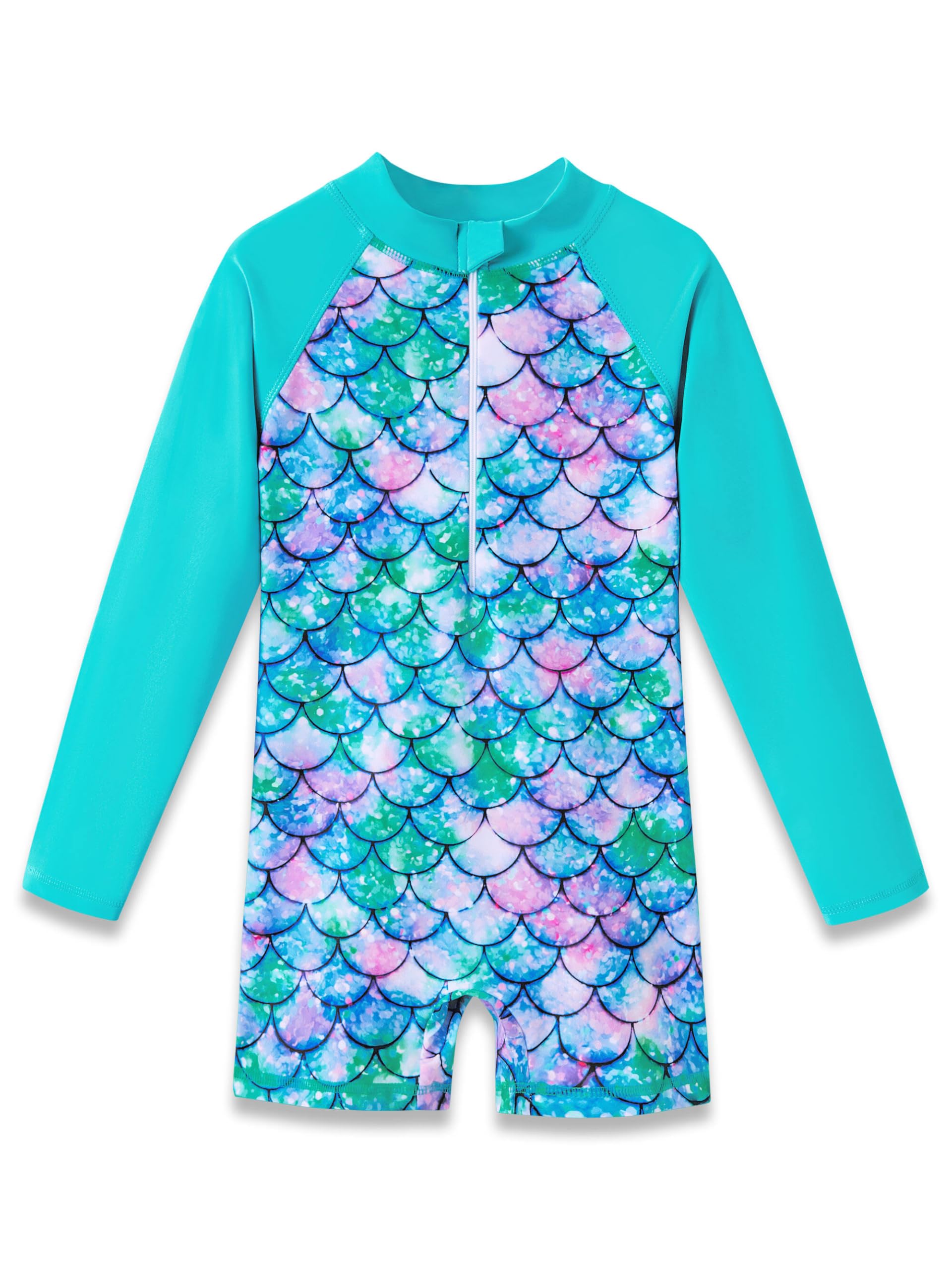 Dvenki Girls Long Sleeve Rash Guard One Piece Swimsuit - Mermaid Checker Face Zipper Front Toddler Bathing Suit 2T-10