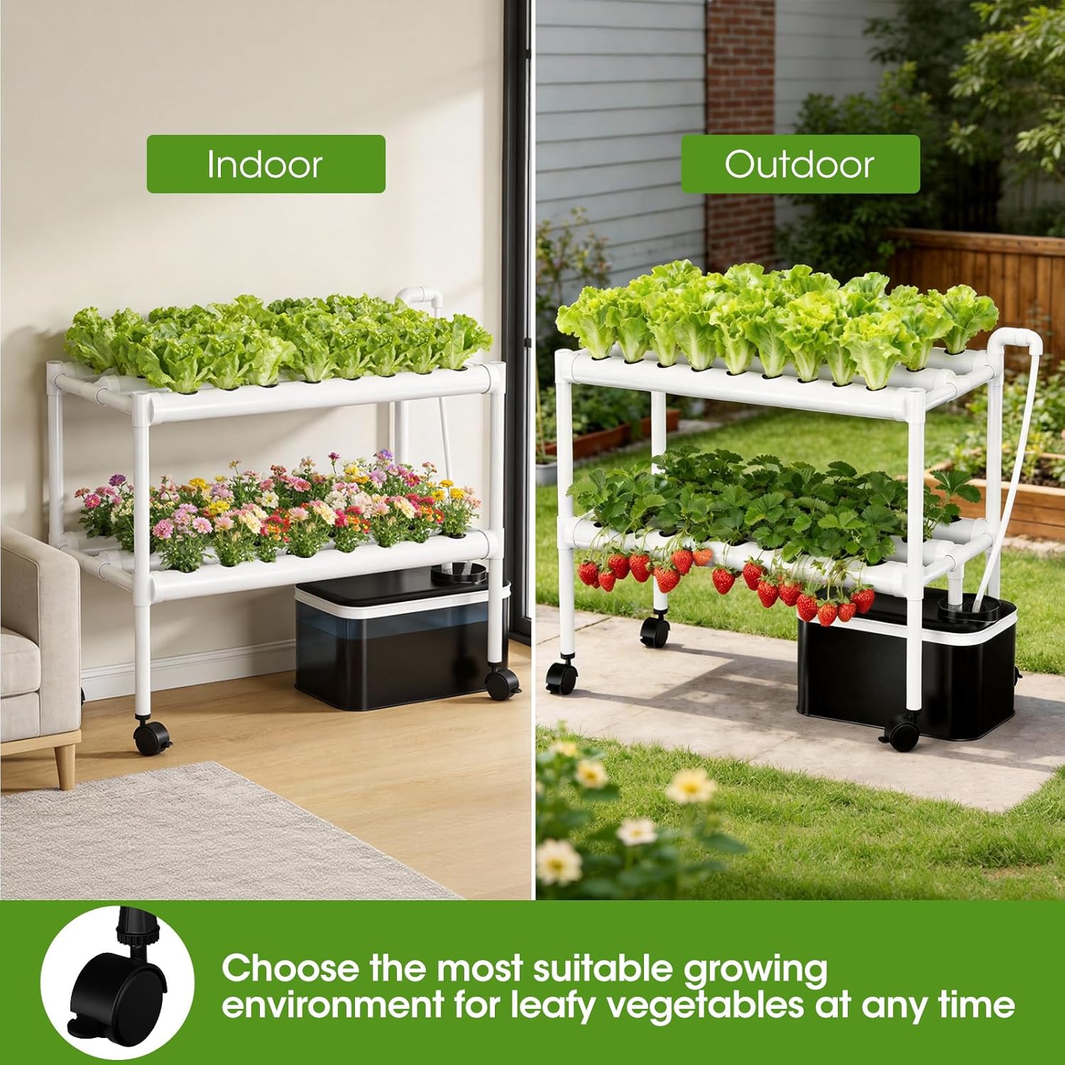 Hydroponics Growing System Kit with Wheels, 54 Plant Sites Gardening Aquaponics Tower, 2-Tier Food-Grade PVC-U Pipes Water Pump Timer for Leafy Vegetables, Indoor, Outdoor (33"x35"x14" in 54 Holes)