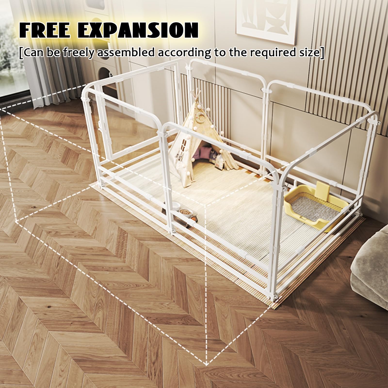 Doorzichtige acryl indoor huisdier box krat behuizing voor kleine dieren, puppy speeltuin voor katten konijnen fretten, 125 × 85 × 60 cm transparante modulaire kooi met anti-klimpanelen wit