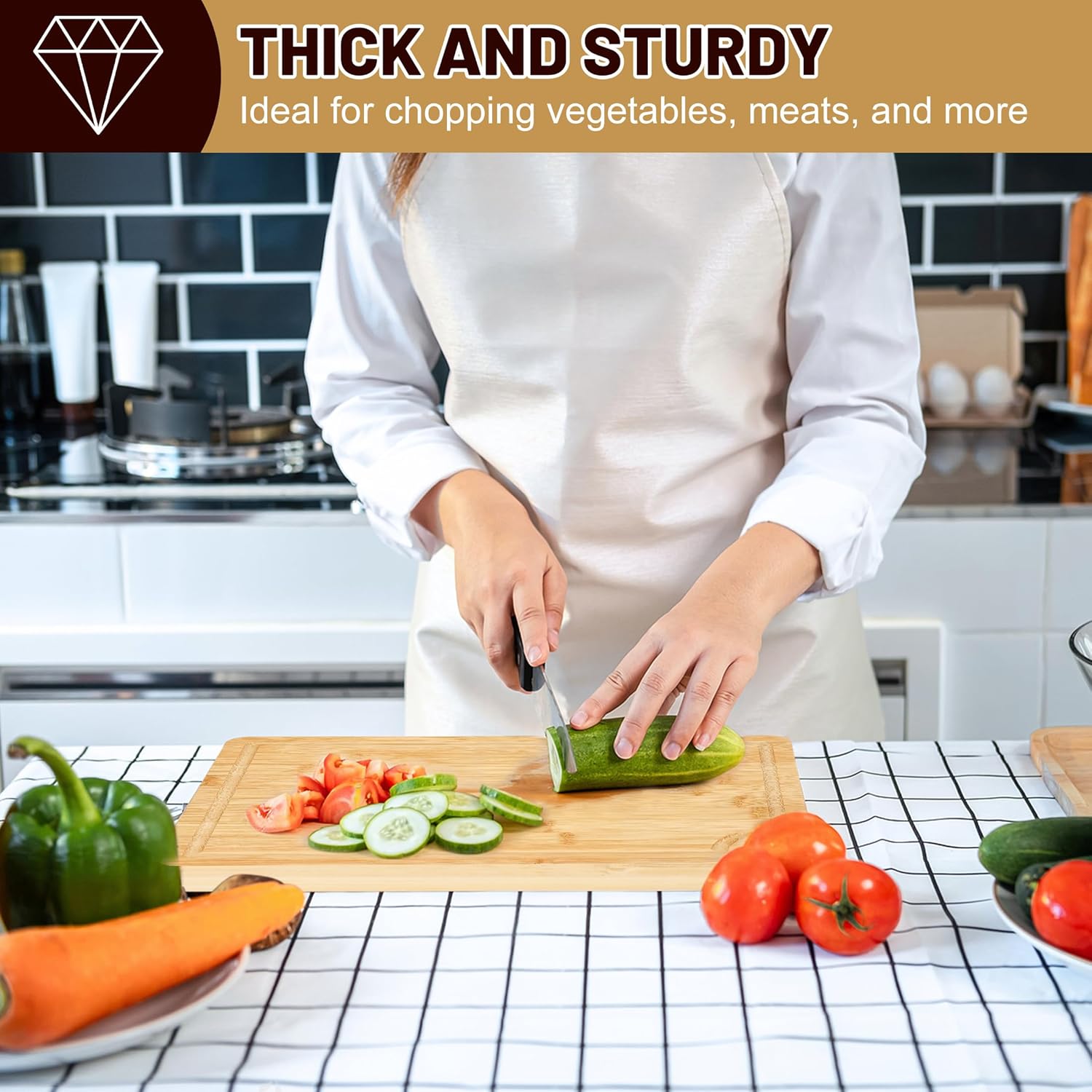 Sentk 3Pcs Bamboo Cutting Boards for Kitchen,Wooden Cutting Boards with Juice Grooves,Built-in Handles & Hanging Holes,Knife Friendly,Ideal for Chopping Meat、Vegetables and Fruit Serving，Kitchen Gift