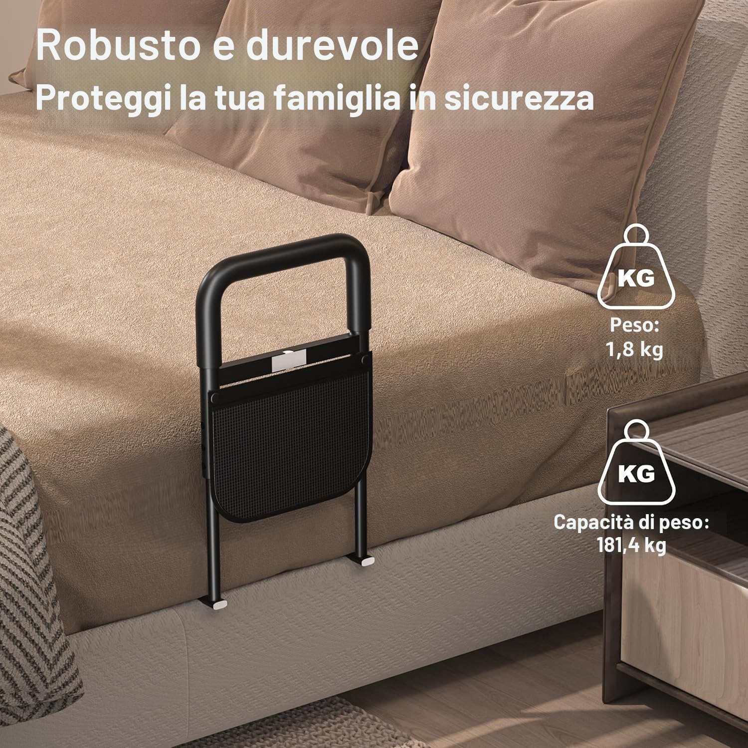 Sponda Letto Anziani Anticaduta Ausili per Alzarsi Dal Letto Regolabile in Altezza con Luce a Sensore, Supporto per Alzarsi, Sbarra di Sicurezza, Portata Fino a 180KG
