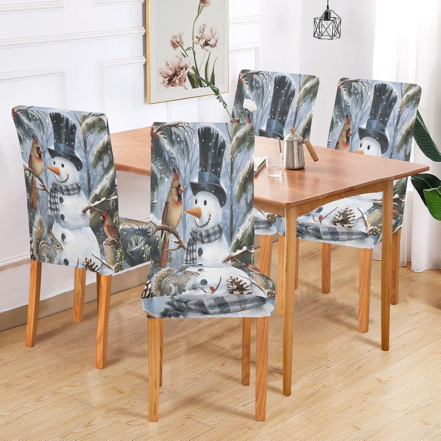 ALAZA Chair Covers for Dining Room, Snowman Black Top Hat Squirrel Stretch Chair Cover Sets Chair Protector Removable Washable for Ktichen Restaurant Hotel