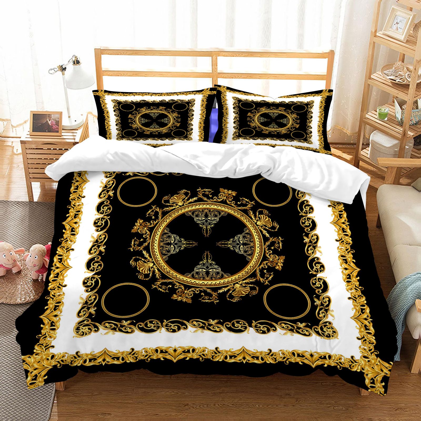 Ensemble de lit baroque noir et or en microfibre douce pour lit double