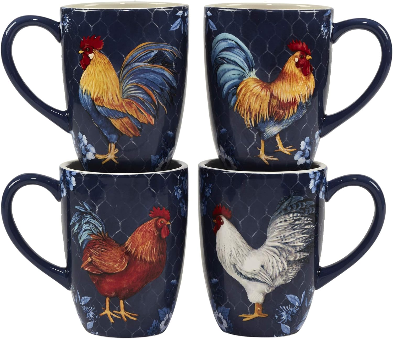 Indigo Rooster Ceramic 16-Piece Dinnerware Set, Service for 4