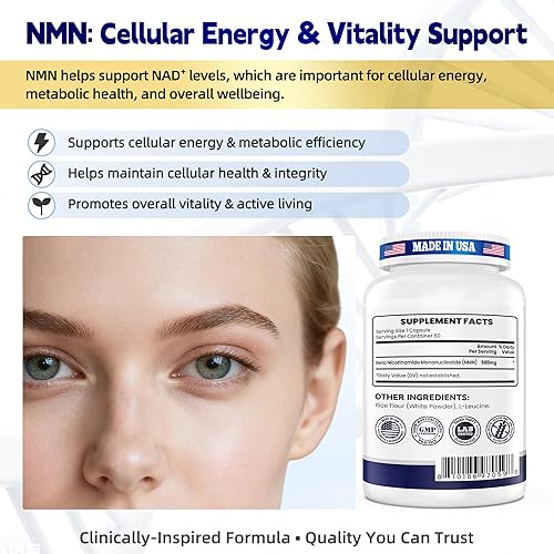 Miniatura 4 de NMN 500 mg 99.9% suplemento puro de NMN, aumentar los niveles de NAD+, energía celular y apoyo al envejecimiento saludable, 60 cápsulas, probado