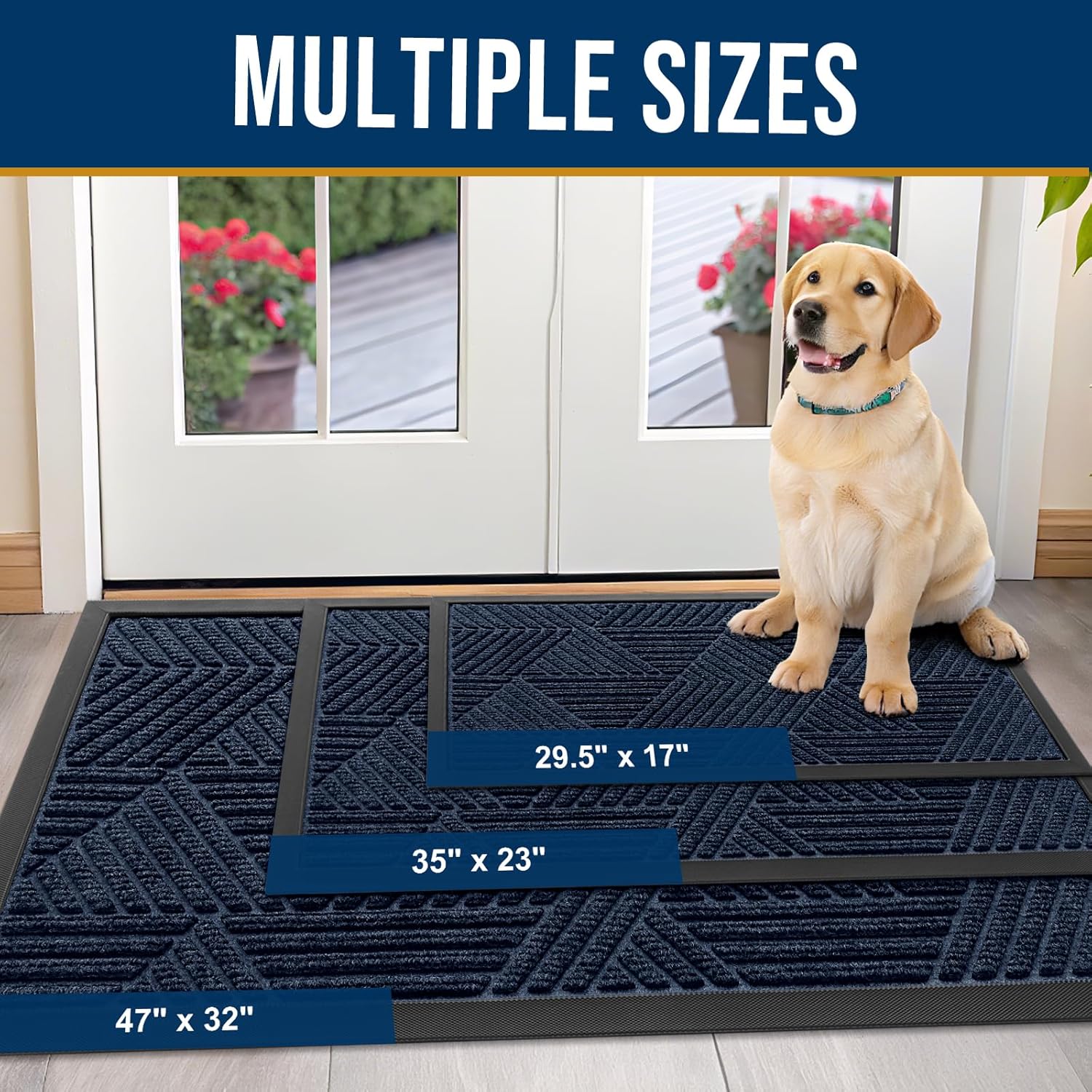 kitinjoy front door mat outside entrance, sturdy natural dirt trapper, heavy duty rubber doormat, low profile non-slip backing, easy clean floor mat for indoor outdoor entry, 29.5x17 inch, navy blue navy blue rectangular 29.5" x 17"