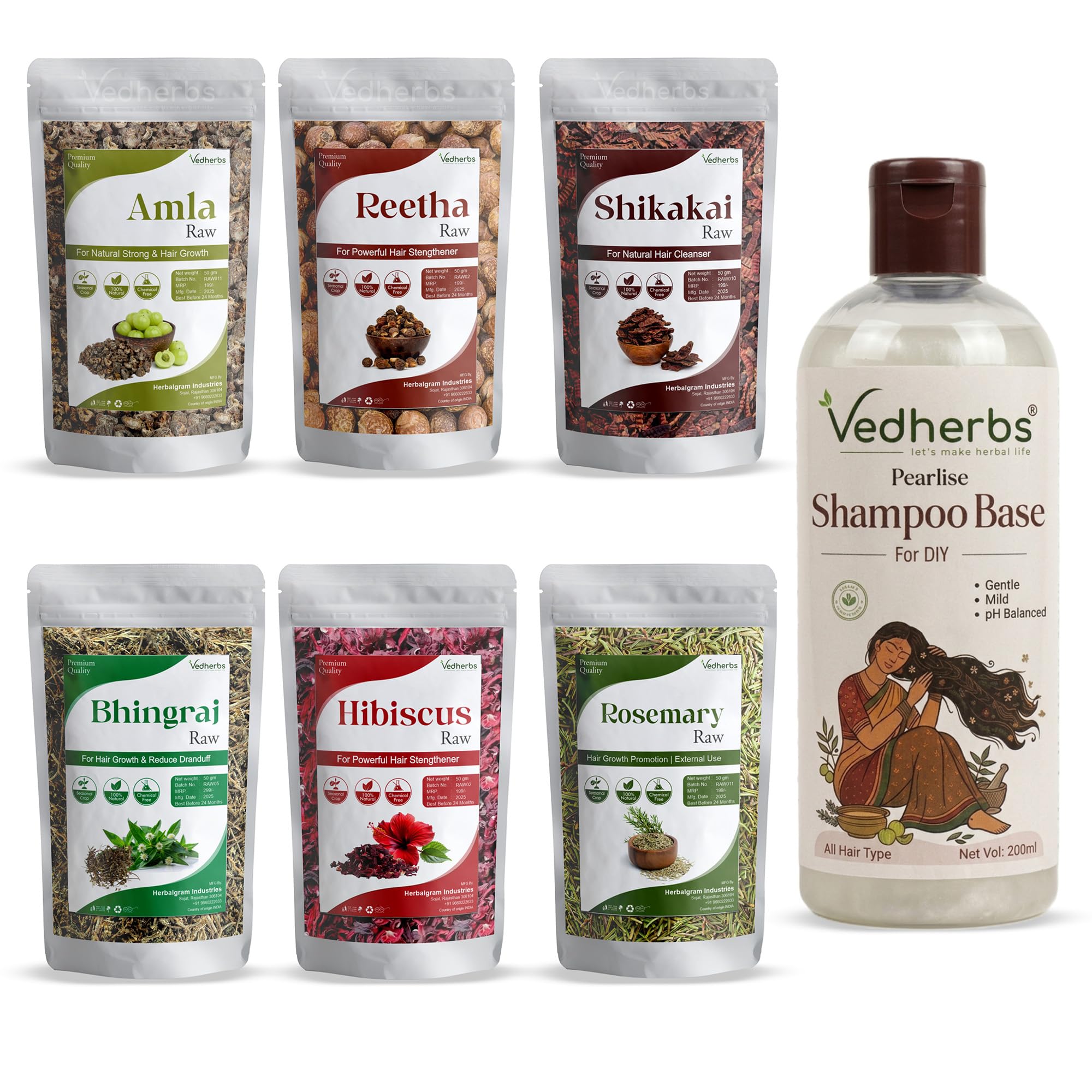 Vedherb Raw Amla Reetha Shikakai Bhringraj Hibiscus Brahmi 300g with Shampoo Base 200ml | Ayurvedic Blend for Healthy, Shiny & Strong Hair | Herbal Cleanser, Conditioner & Nourishment for Hair & Scalp-image-21