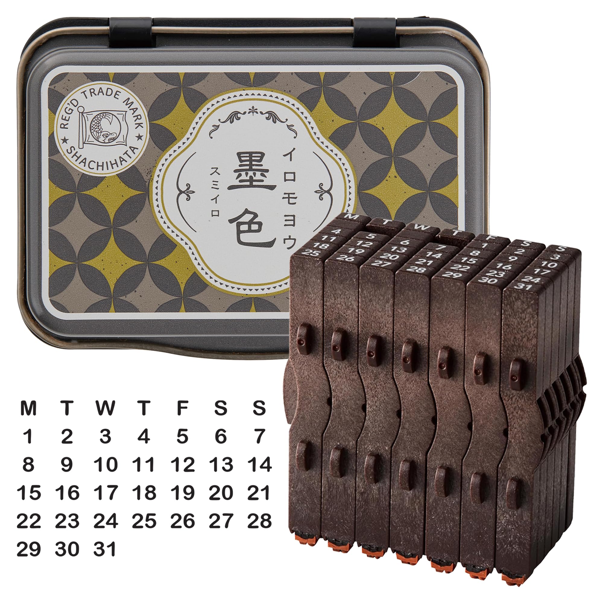 Artline Kalender Stempel & Iromoyo Stempelkissen Set (Schwarz) – Ewiger Kalender mit 7 Tagen, 31 Daten & 2 Blanko-Elementen, schnell trocknende wasserfeste ölbasierte Tinte – Artline Künstlerbedarf