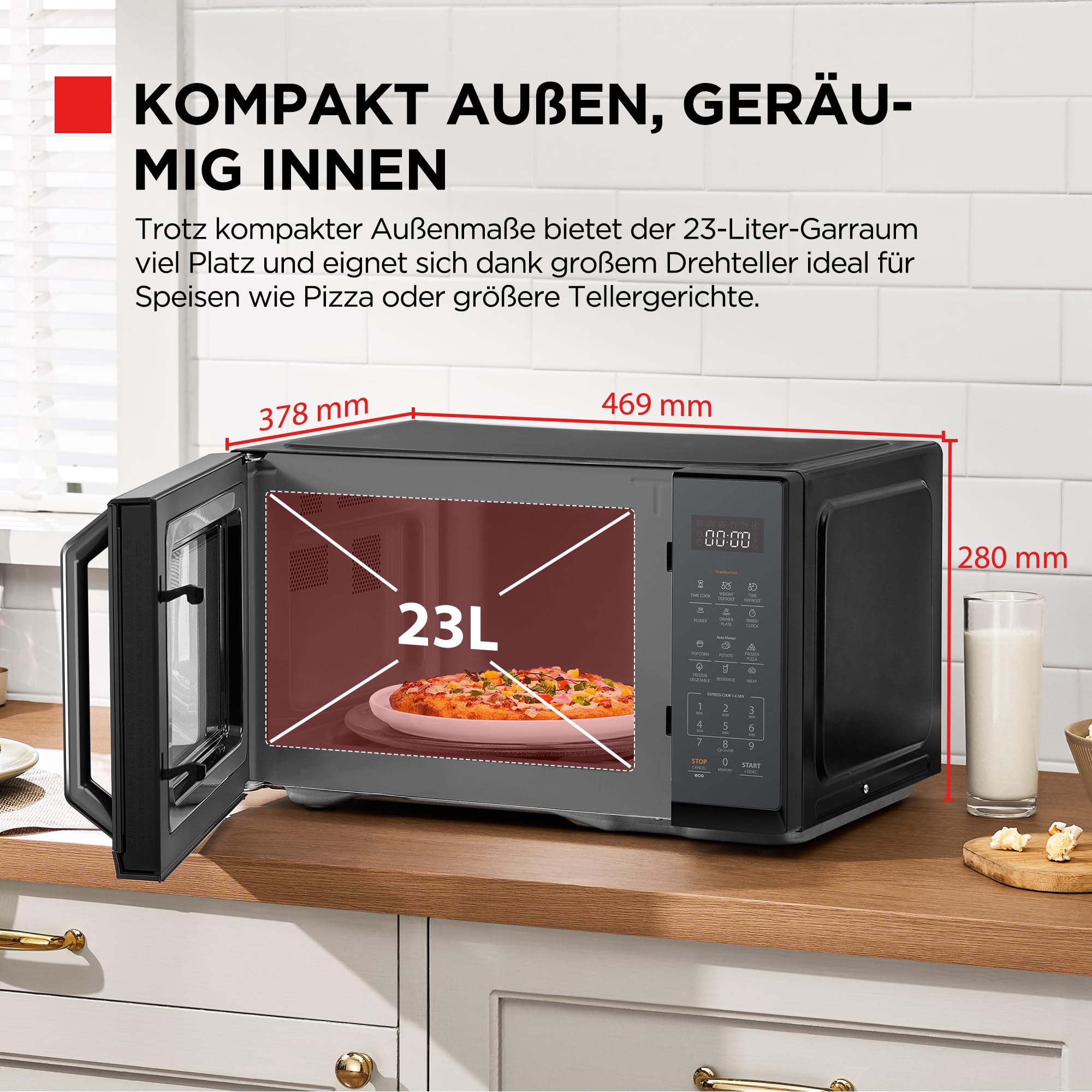 TOSHIBA Microwave in nero specchiato, 23 litri, 800 W, digitale da solo mini microwave con 11 livelli di potenza, 6 programmi automatici, funzione di cottura espressa, defrost, display digitale, MW3