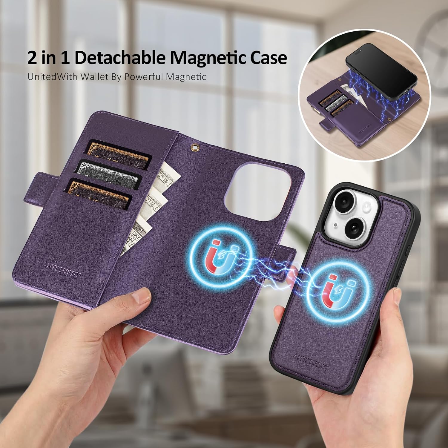 Antsturdy Compatible with Magsafe Magnetic 2 in 1 Detachable iPhone 14 Wallet Case with Credit Card Holder Slots,PU Leather Flip RFID Blocking Phone Cover Wrist Strap Zipper Women Men,Purple - Image 3