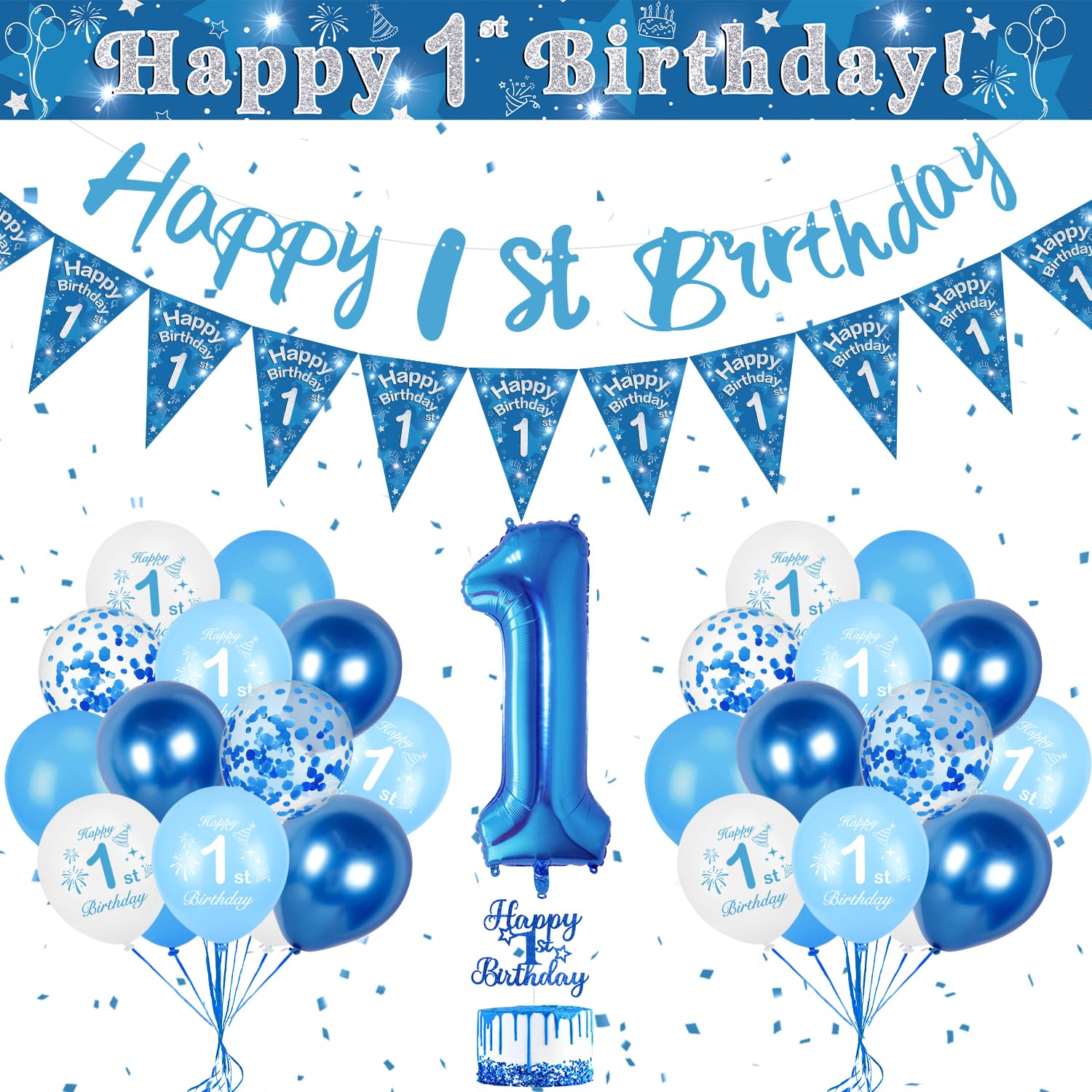 Set Decorazione Per Primo Compleanno Tema Blu - 32 Pezzi: Palloncino Numero 1, Palloncini Assortiti, Striscione