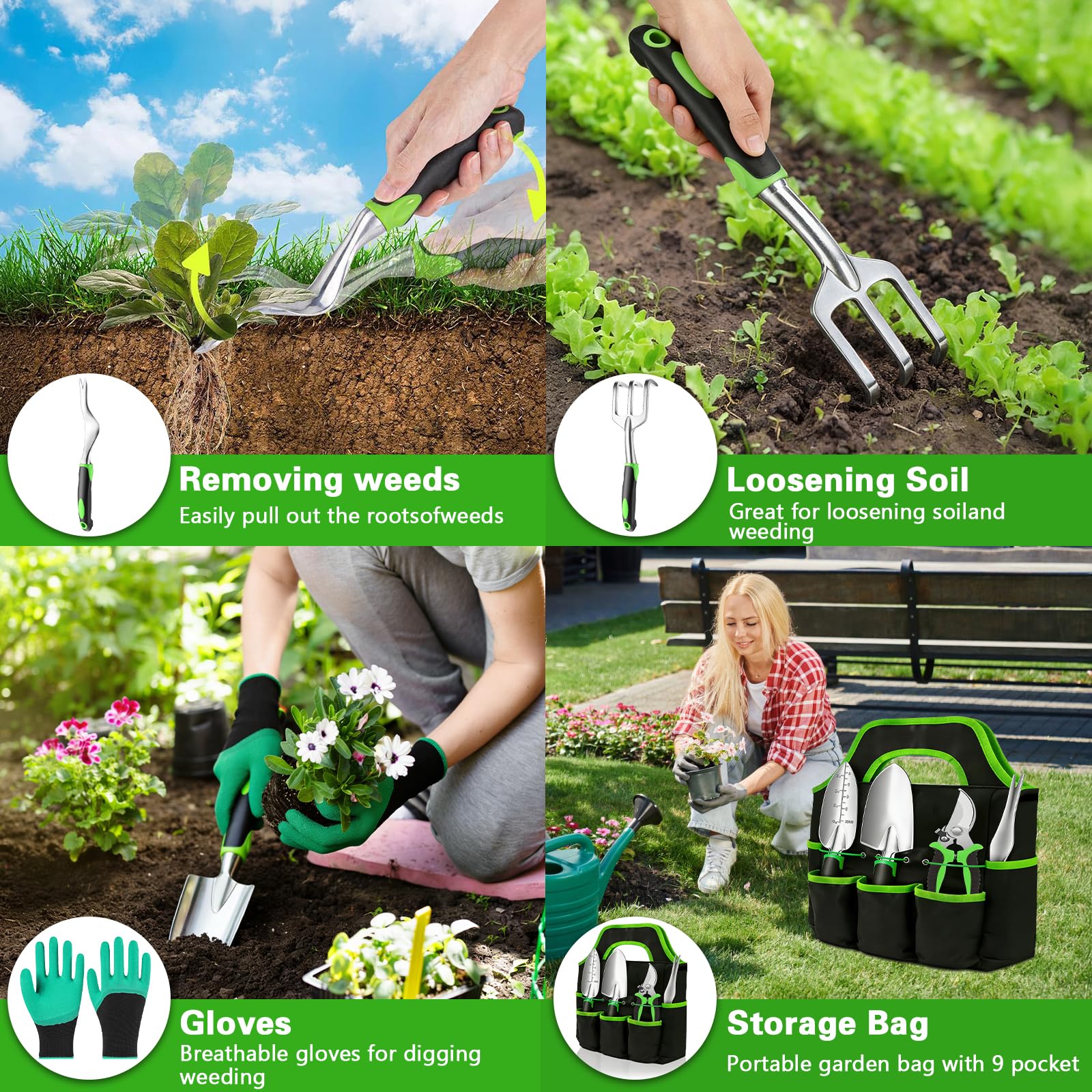 Set Attrezzi Giardinaggio Anti-Ruggine 8 Pezzi Kit Giardinaggio in Alluminio e Acciaio Inox con Forbici Tappetino Guanti e Borsa Ideale Regalo Giardiniere