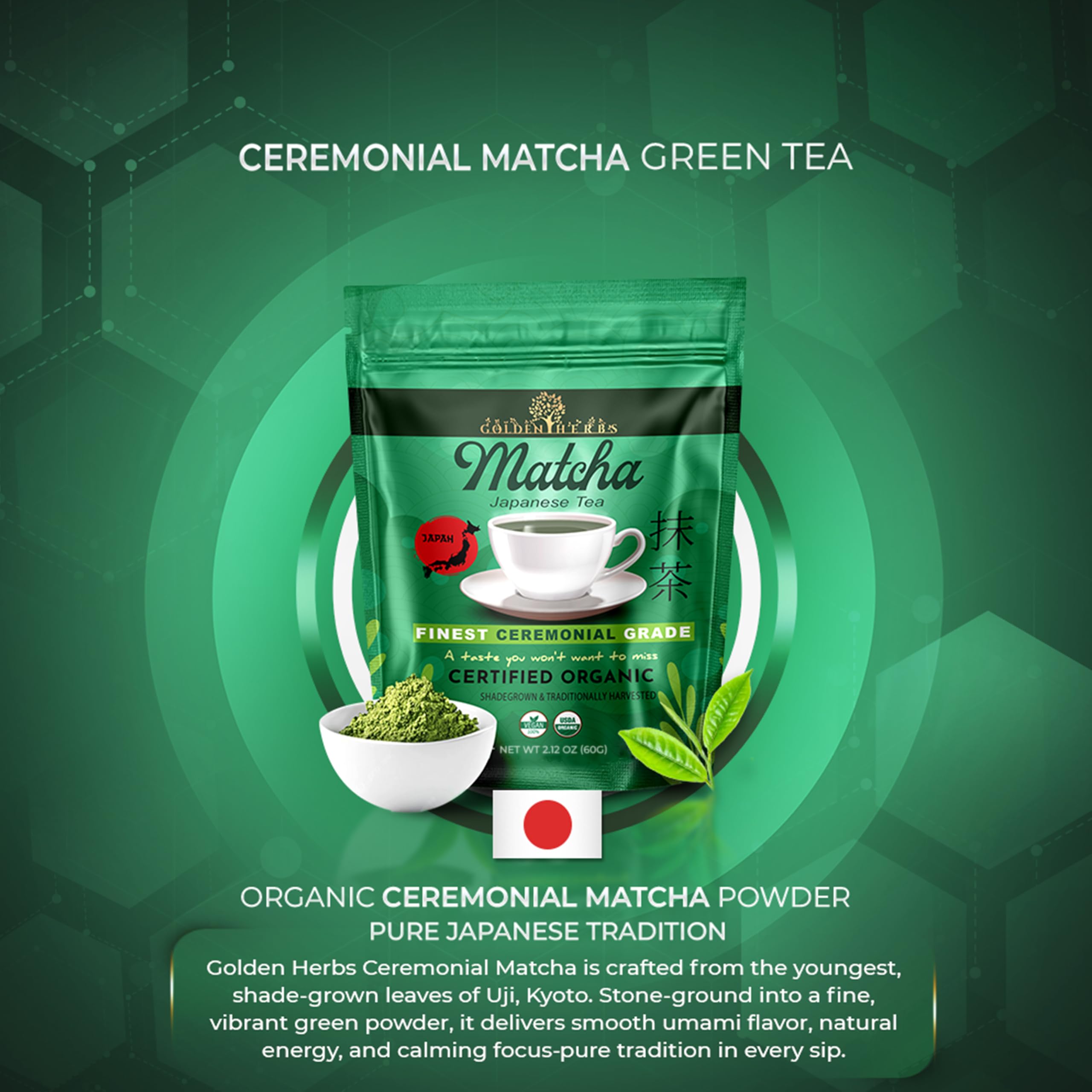 Golden Herbs Matcha Superior Ceremonial Blend Green Tea Powder from Uji Kyoto USDA Organic Gluten-Free Vegan 100 Pure — view 2