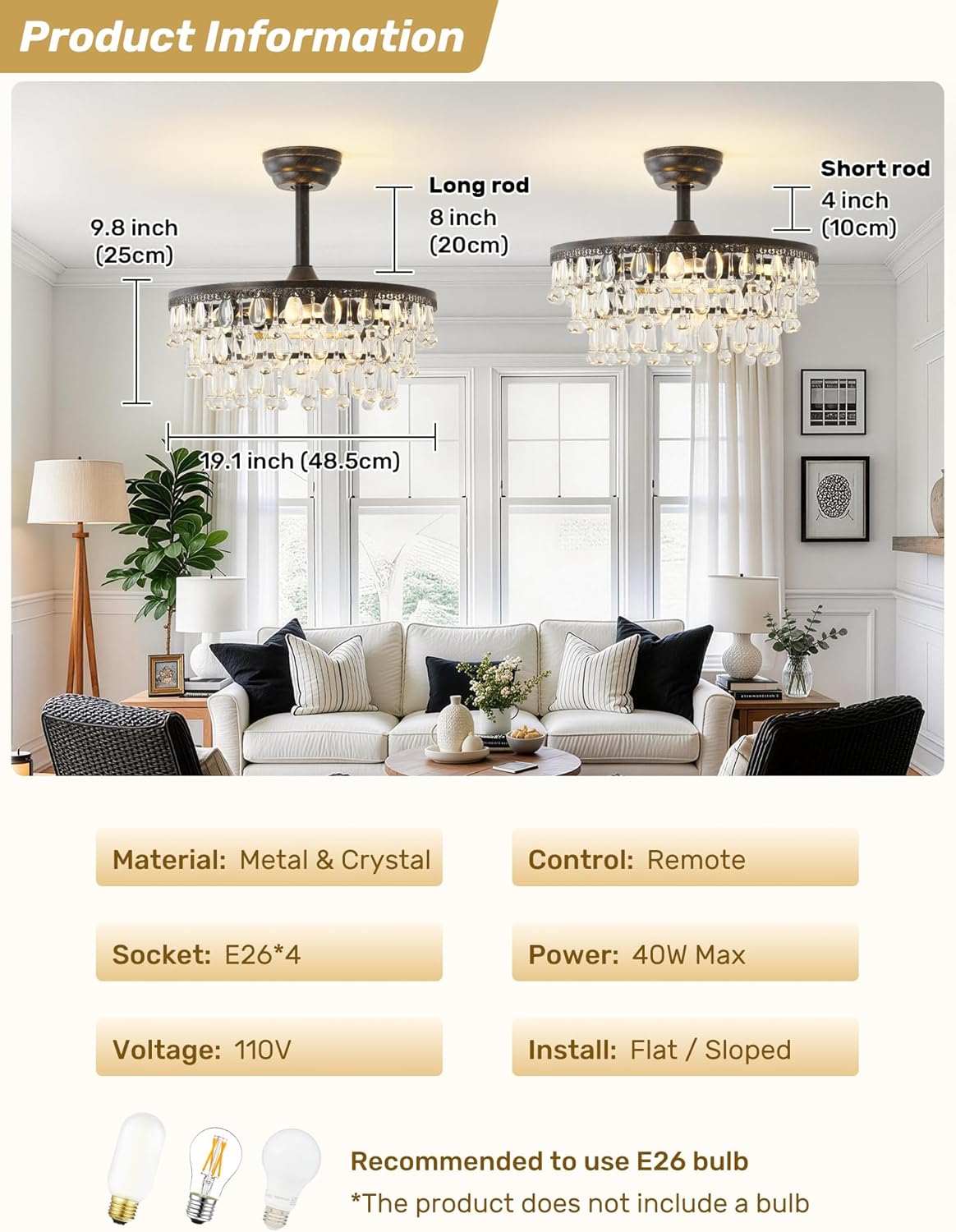 Crystal Fandelier Ceiling Fan with Light, 20" Black Crystal Chandelier Ceiling Fans with Lights and Remote with 6 Speeds for Bedroom, Living Room, Nursery