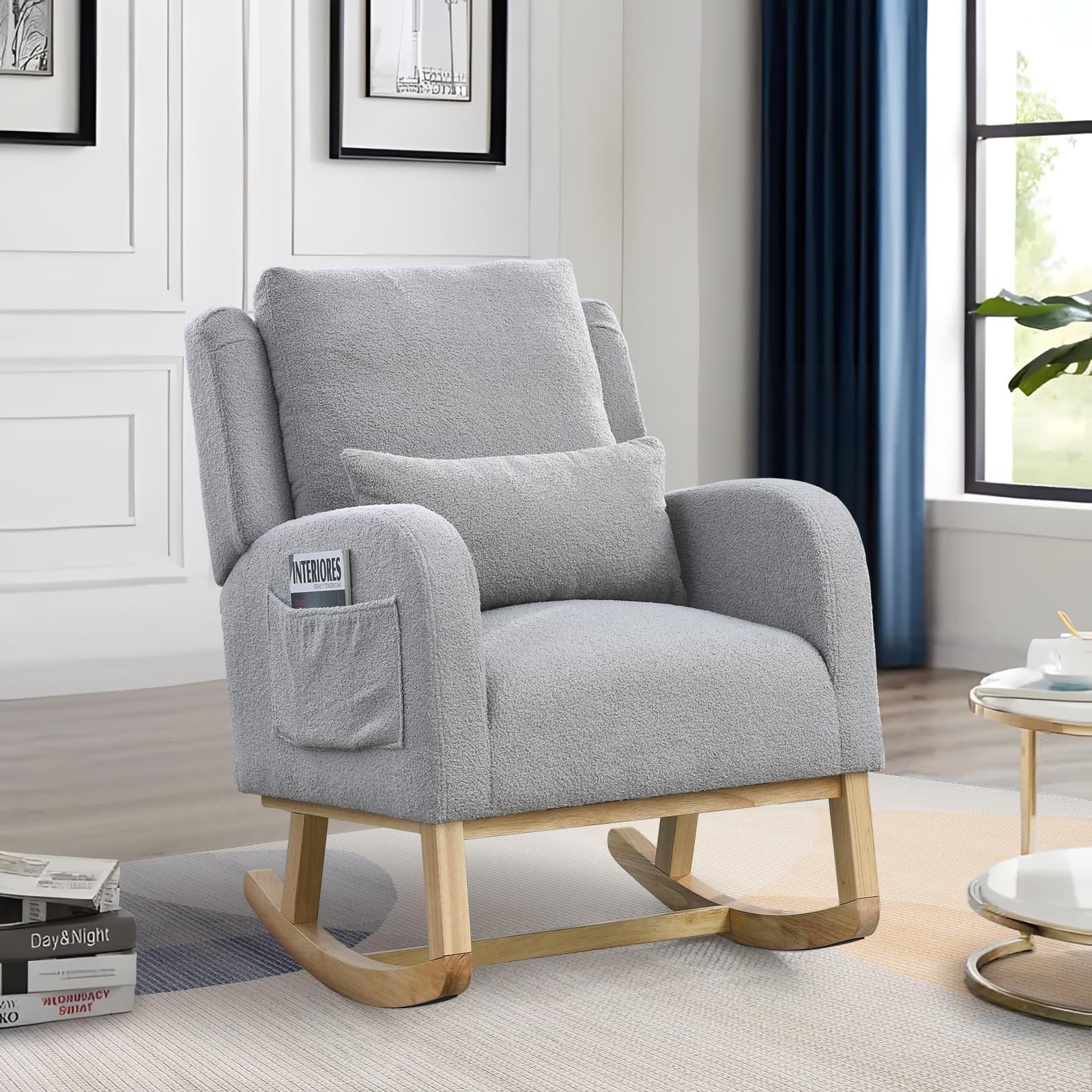 Rocking Glider Chair for Nursery, Wingback Accent Rocker Chair Upholstered Tall Back Arm Chair w/Side Pockets, Modern Leisure Single Sofa for Living Room, Hotel, Bedroom, Baby Room, Grey