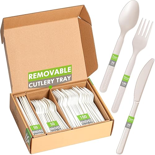 Miniatura 8 de Juego de cubiertos 100% compostablestenedores, cucharas, cuchillos, cubiertos  200 utensilios desechables grandes de 7 pulgadas, alternativa