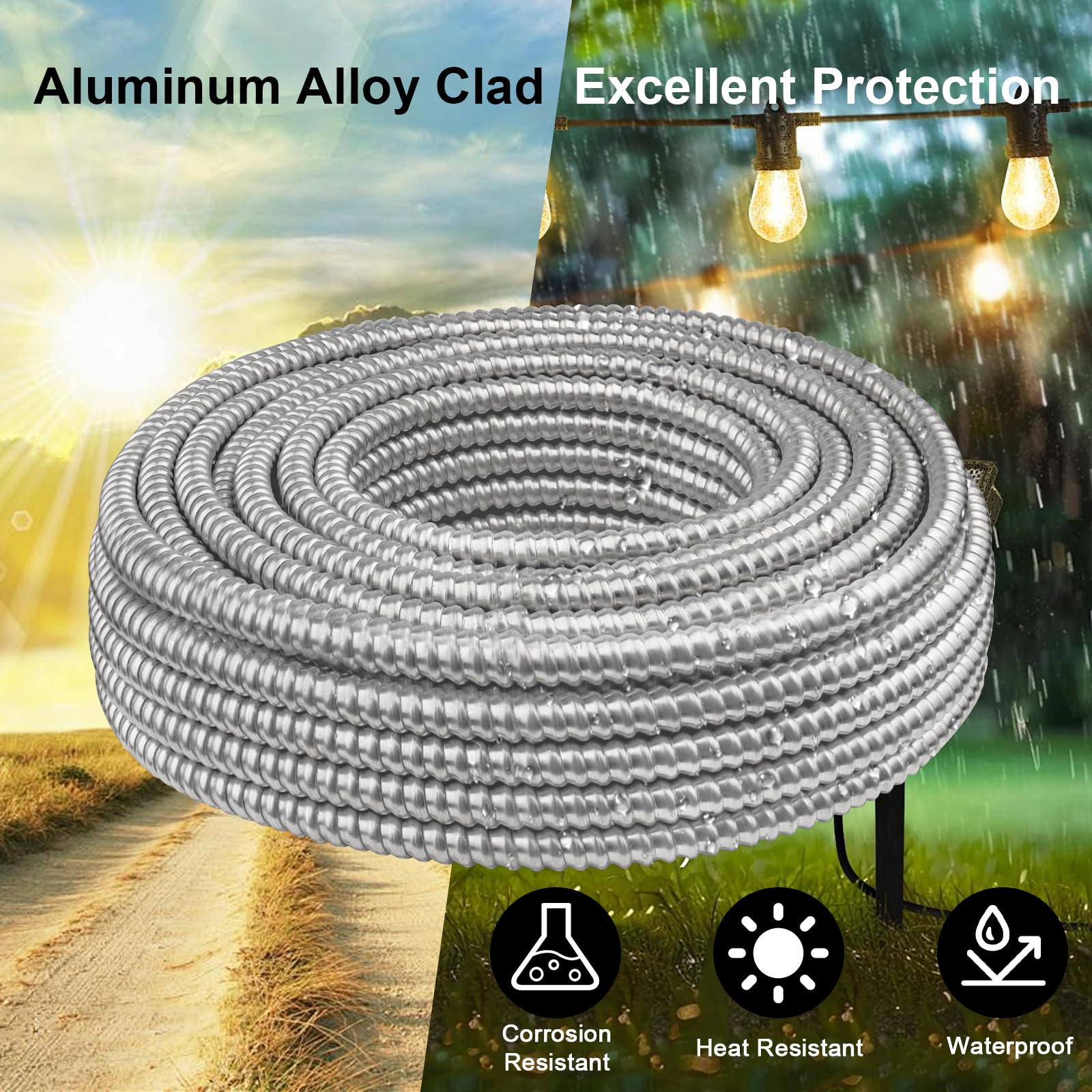 Câble électrique 6/2 plaqué métal (MC) avec mise à la terre de 3 m, fil électrique de calibre 6 avec armure en aluminium, conducteurs en cuivre nu solide pour installation souterraine intérieure ou