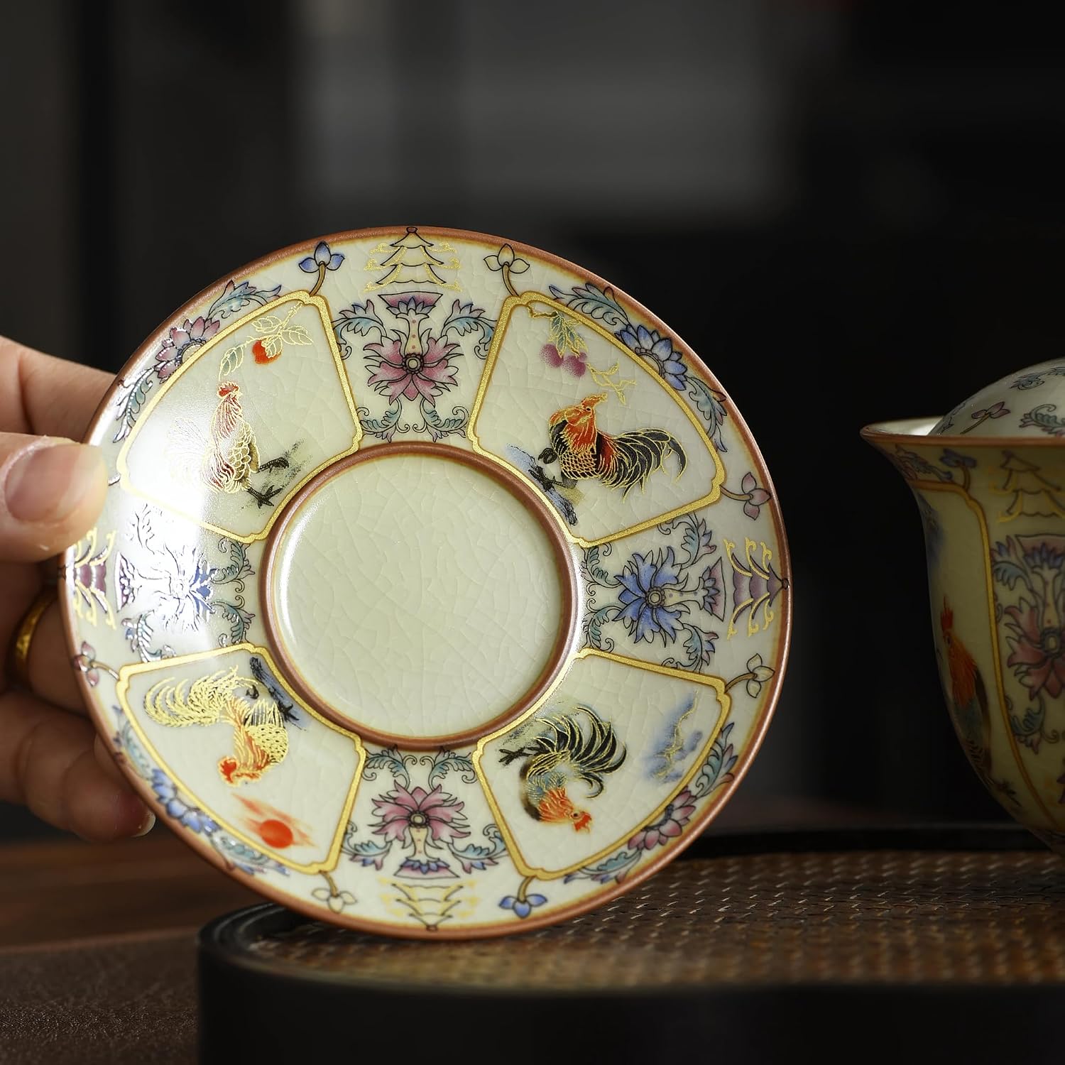 Ceramic Gaiwan Tea Cup Set with Saucer and Lid, Ru Kiln Hand-Painted Rooster & Floral Pattern, Vintage Crackle Glaze Porcelain Teacup for Gongfu Tea, Traditional Chinese Tea Ceremony Accessory, 180ml